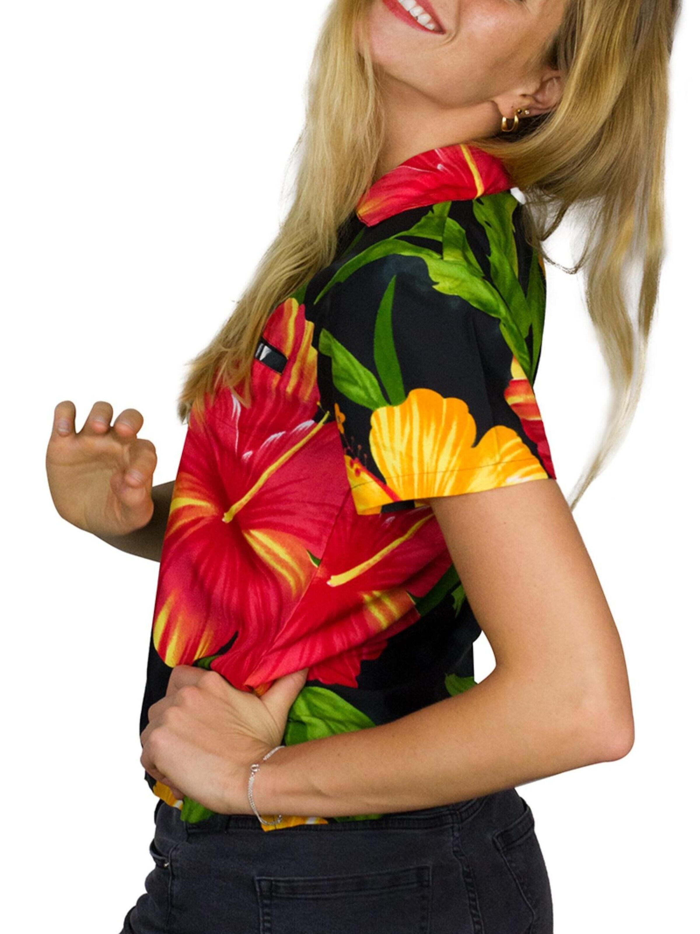 King Kameha Blouse 'Big Flower' in Zwart