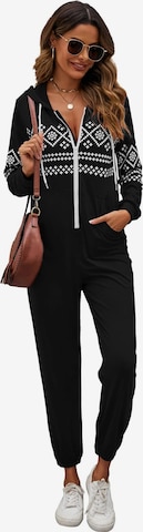 KoJooin Kombinezon 'Damen Overall mit Print, Kapuze, Kordelzug, langen Ärmeln und Taschen Bequemer Freizeit Jumpsuit' w kolorze czarny: przód