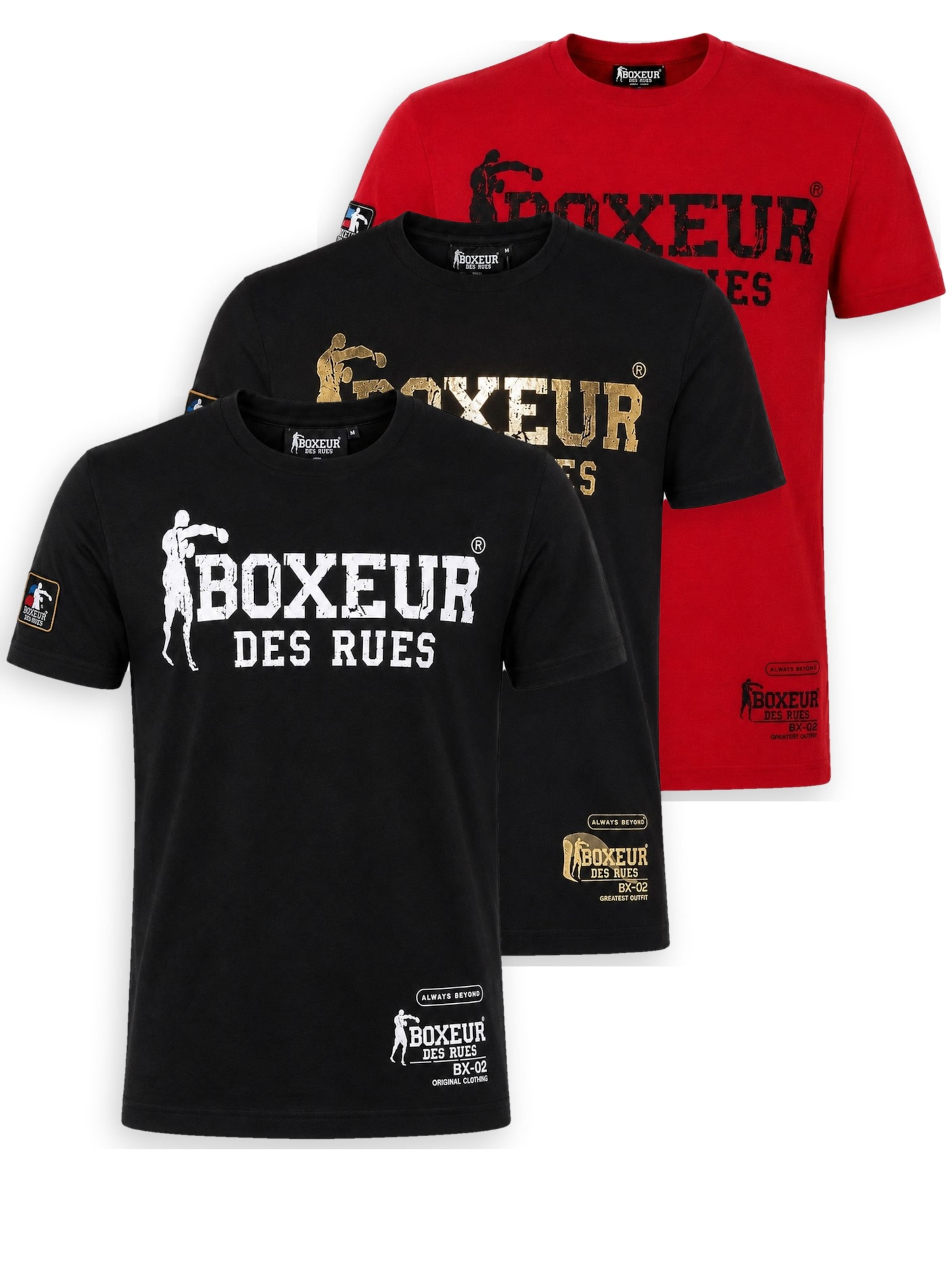 Boxeur des Rues Shirt 'Herren T-Shirt 3er-Pack Boxeur des Rues Slim Fit: Schwarz, Weißes Logo + Schwarz, Goldenes Logo + Rot, Schwarzes Logo' in Gemengde kleuren: voorkant