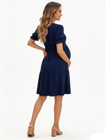 KoJooin Kleid 'Damen Kleid Umstand V-Ausschnitt Wickel Puffärmel Bindegürtel Rüschen Schwangerschaft'‌‌‌‌‌‌ in Blau
