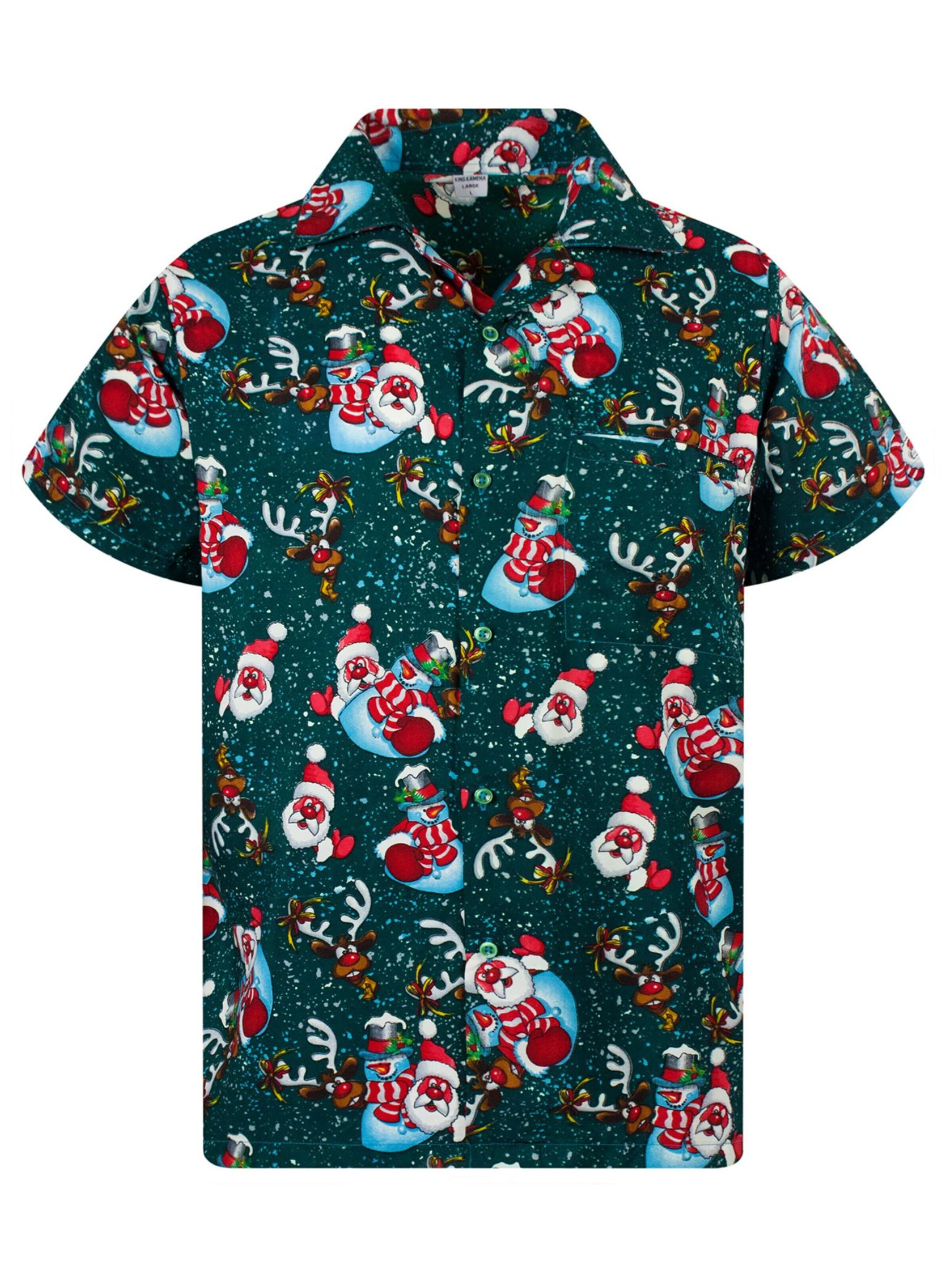 King Kameha Regular fit Overhemd 'Christmas Snowflakes' in Groen: voorkant