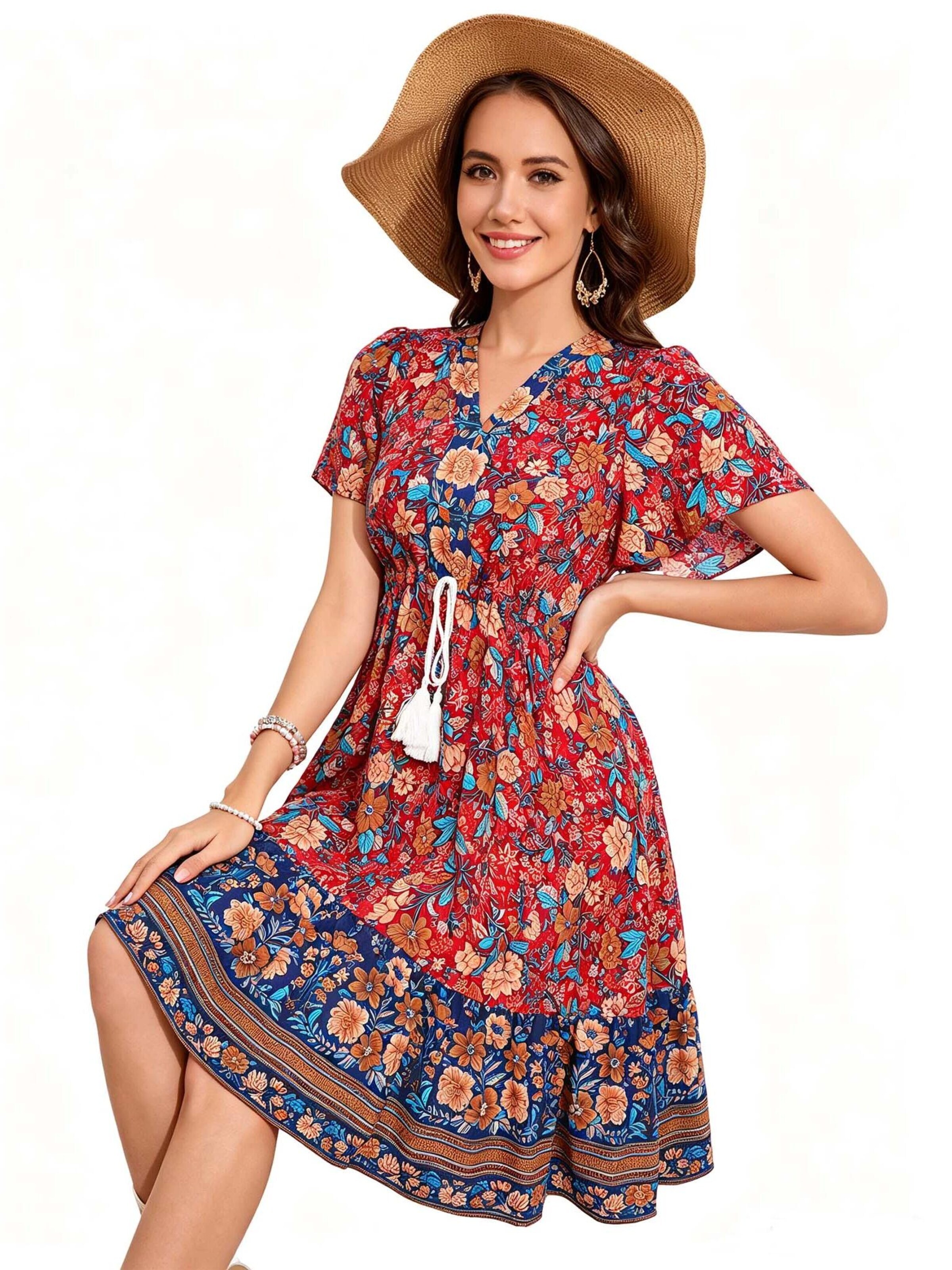 KoJooin Sukienka 'Damen Sommerkleid mit Kurzarm, platziertem Blumenprint und lässigem Boho-Look' w kolorze różowy