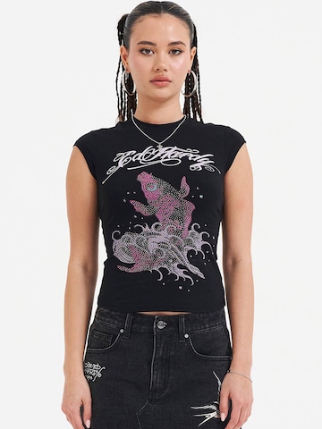 Ed Hardy T-Shirt 'Koi Fisch Steinen' in Schwarz: Vorderseite