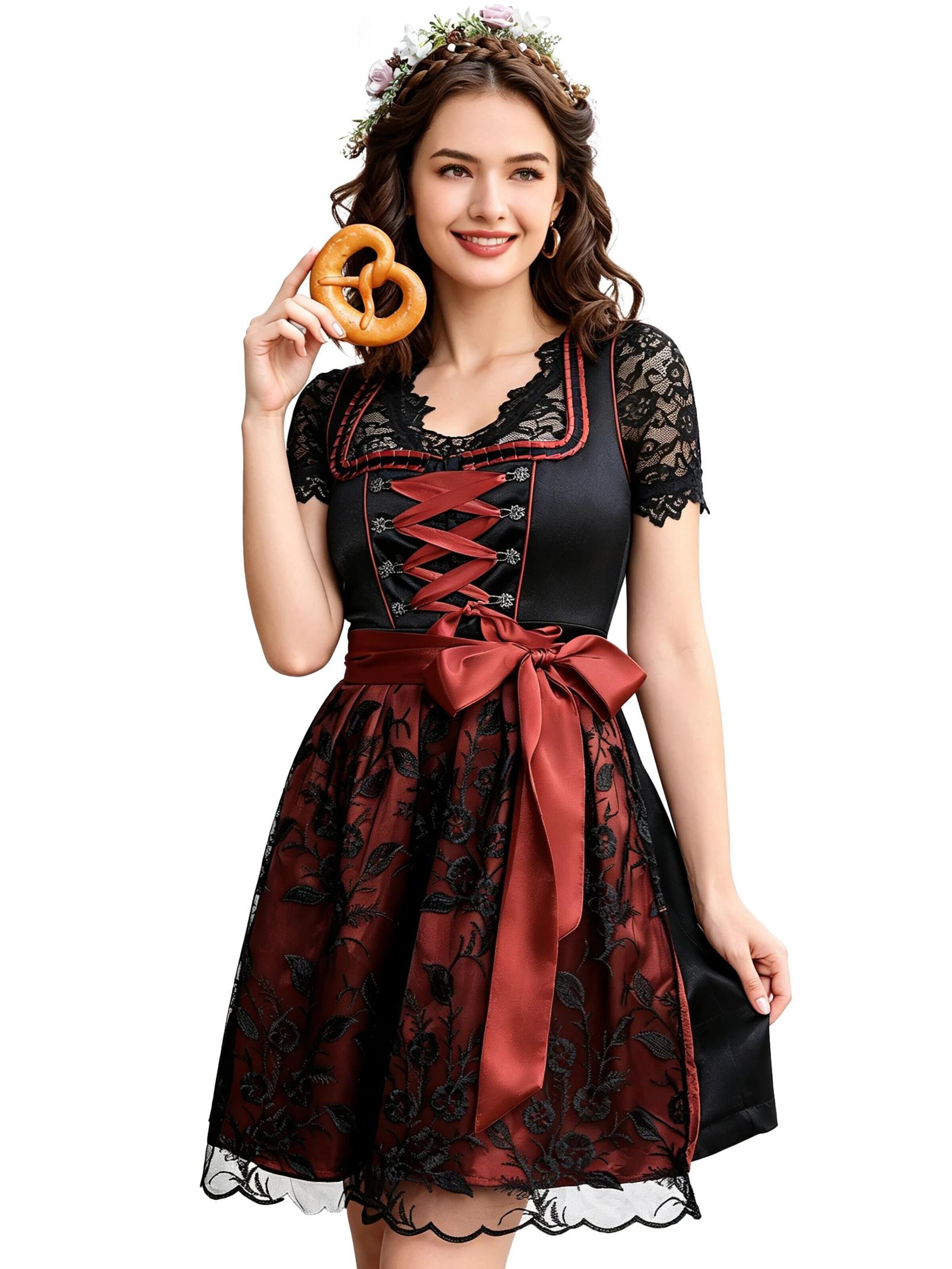 KoJooin Dirndl 'Damen Dirndl 3-Teiler Satinrock Glanzeffekt,Spitzenbluse Spitzenschürze für Oktoberfest,Karneval' w kolorze czarny