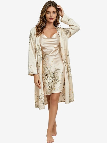 KoJooin Koszula nocna '2 teiliges Damen-Nachthemd- und Morgenmantel-Set aus Satin, bedrucktes Seiden-Unterkleid,Schlafanzug' w kolorze beżowy: przód