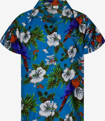 King Kameha Button Up Shirt 'Cherryparrot' in Blue: front