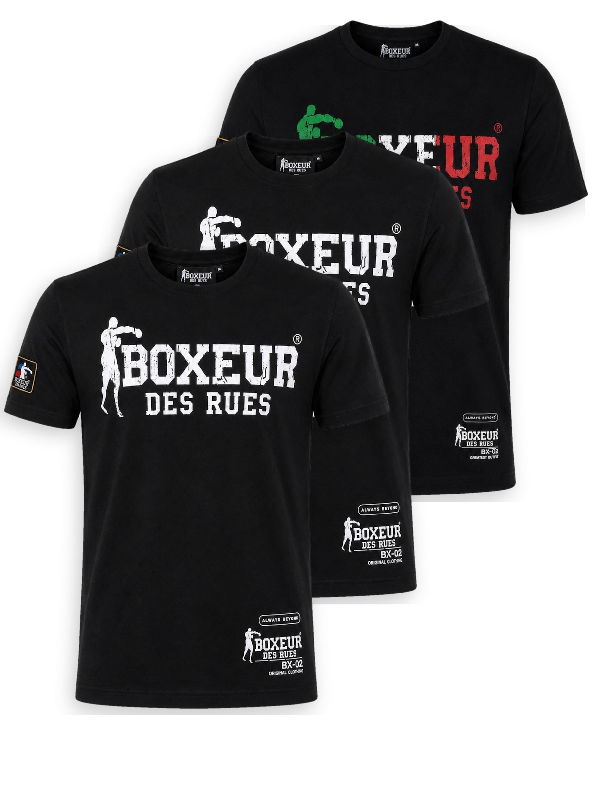 Boxeur des Rues - Camiseta 'Herren T-Shirt 3er-Pack Boxeur des Rues Slim Fit: 2 x Schwarz, Weißes Logo + Schwarz, Dreifarbiges Logo' en negro: frente