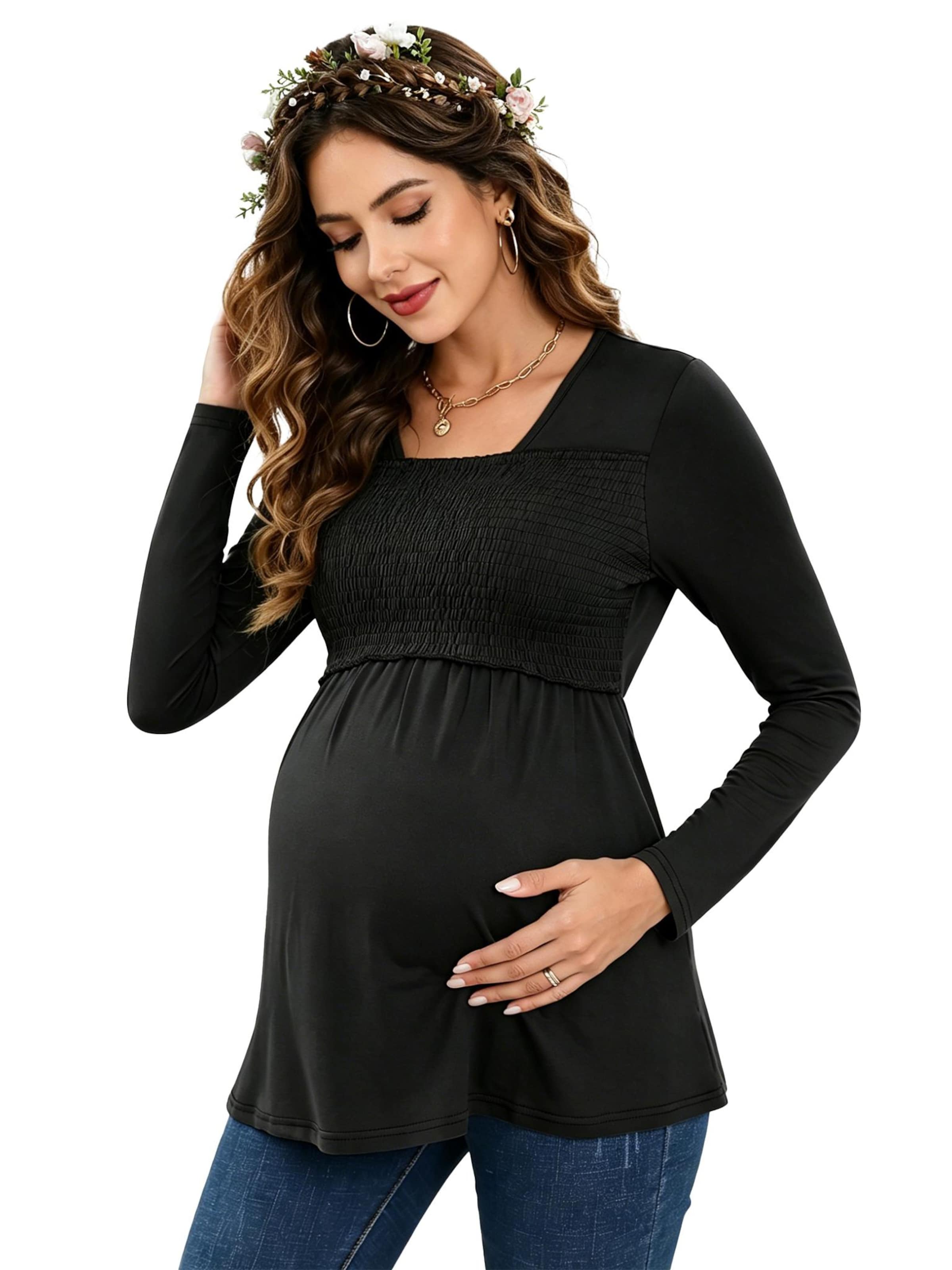 KoJooin Bluse 'Umstands-Tops für Damen,langärmelig,eckiger Ausschnitt,Tunika-Top,Freizeit-T-Shirts für Schwangere'‌‌‌‌‌‌‌‌‌ in Schwarz