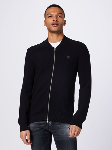 KnowledgeCotton Apparel Knit Cardigan in Black: front