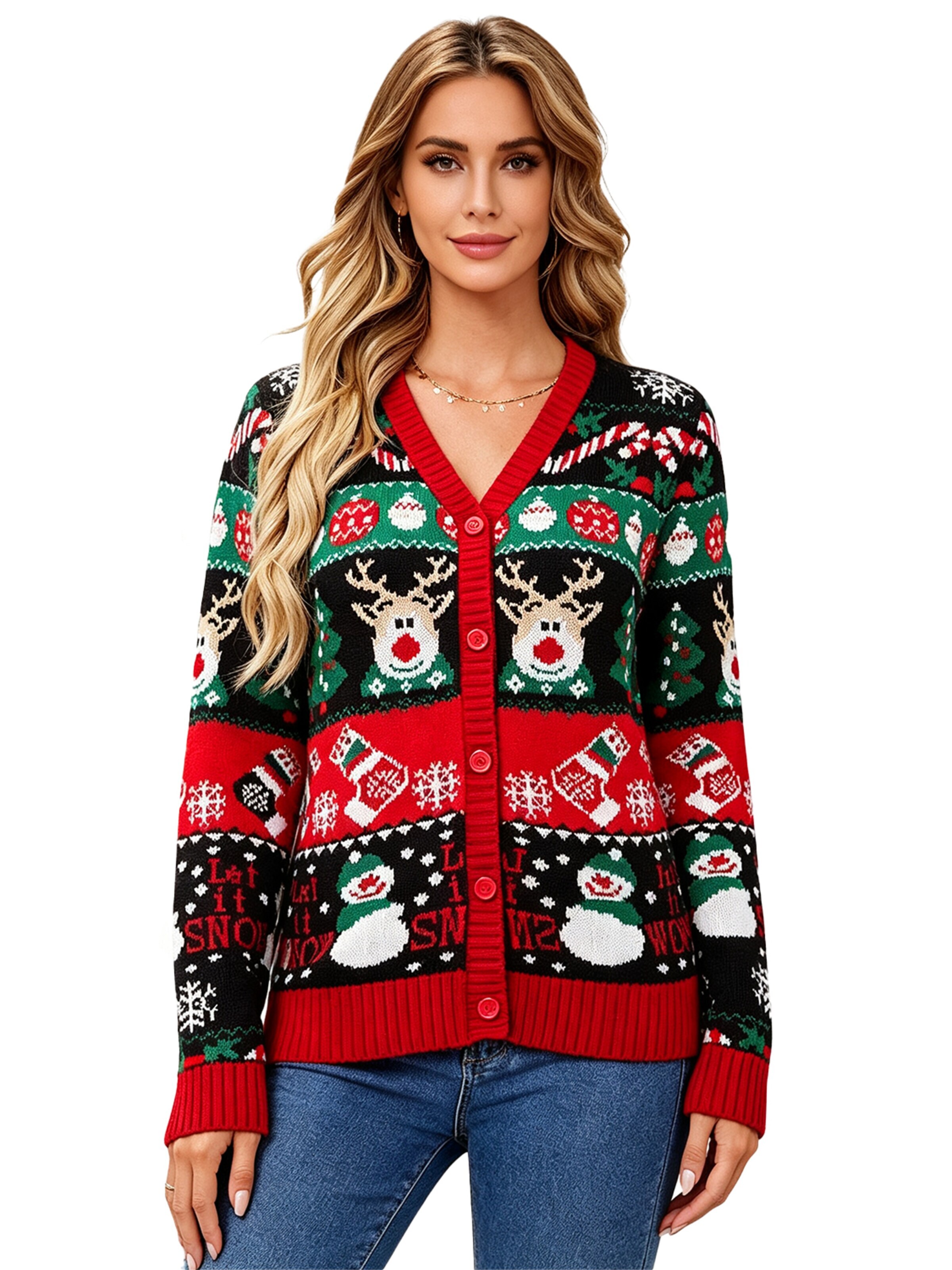 KoJooin Knit cardigan 'Damen Ugly Christmas Sweater mit Rentier Lustiger festlicher Strickpullover mit Schneeflocken' in Black