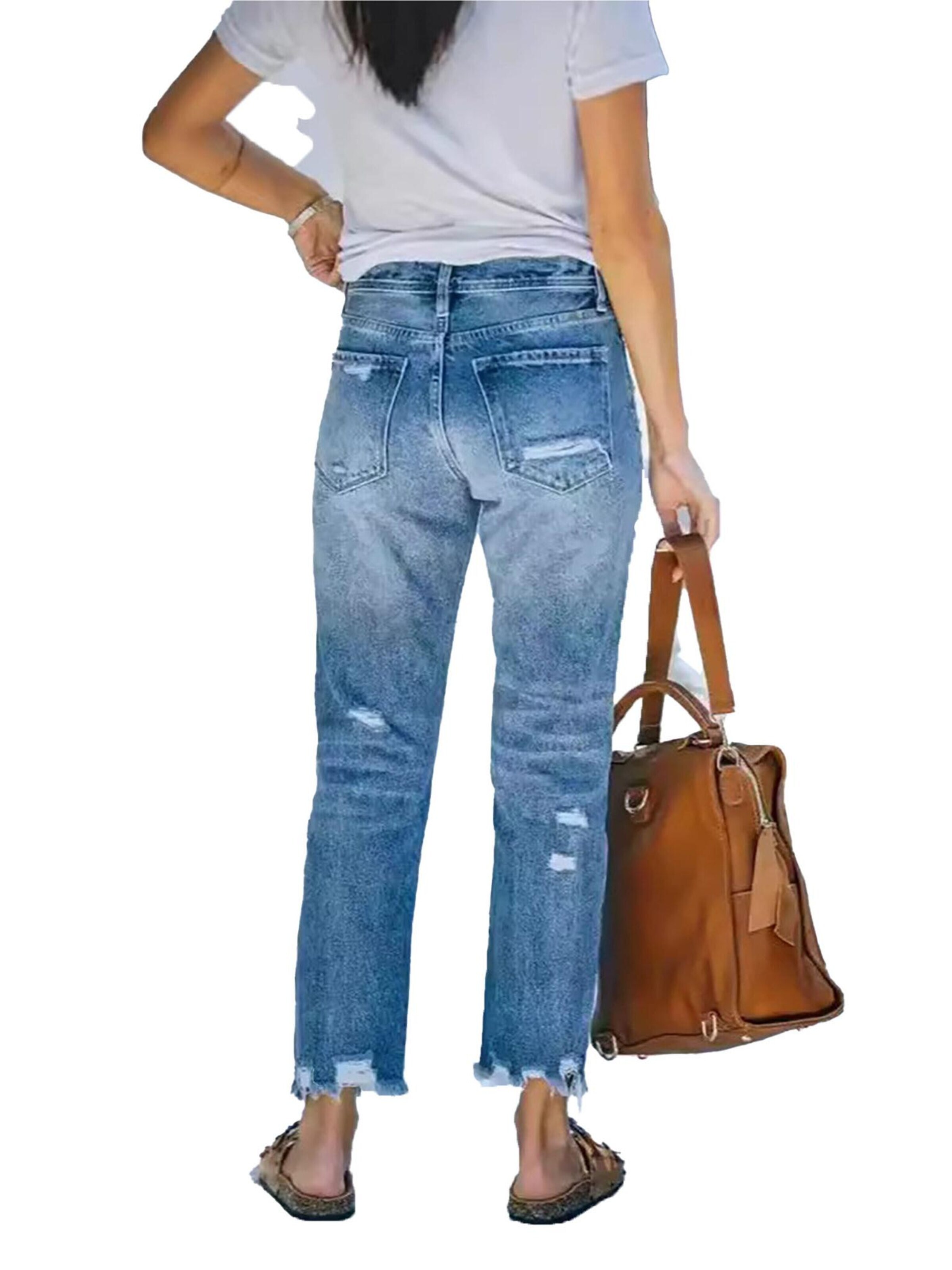 KoJooin Regular Jeans 'Damen 7/8 Straight Leg Jeans mit Used-Effekten und lässigen Destroyed-Details' in Blue