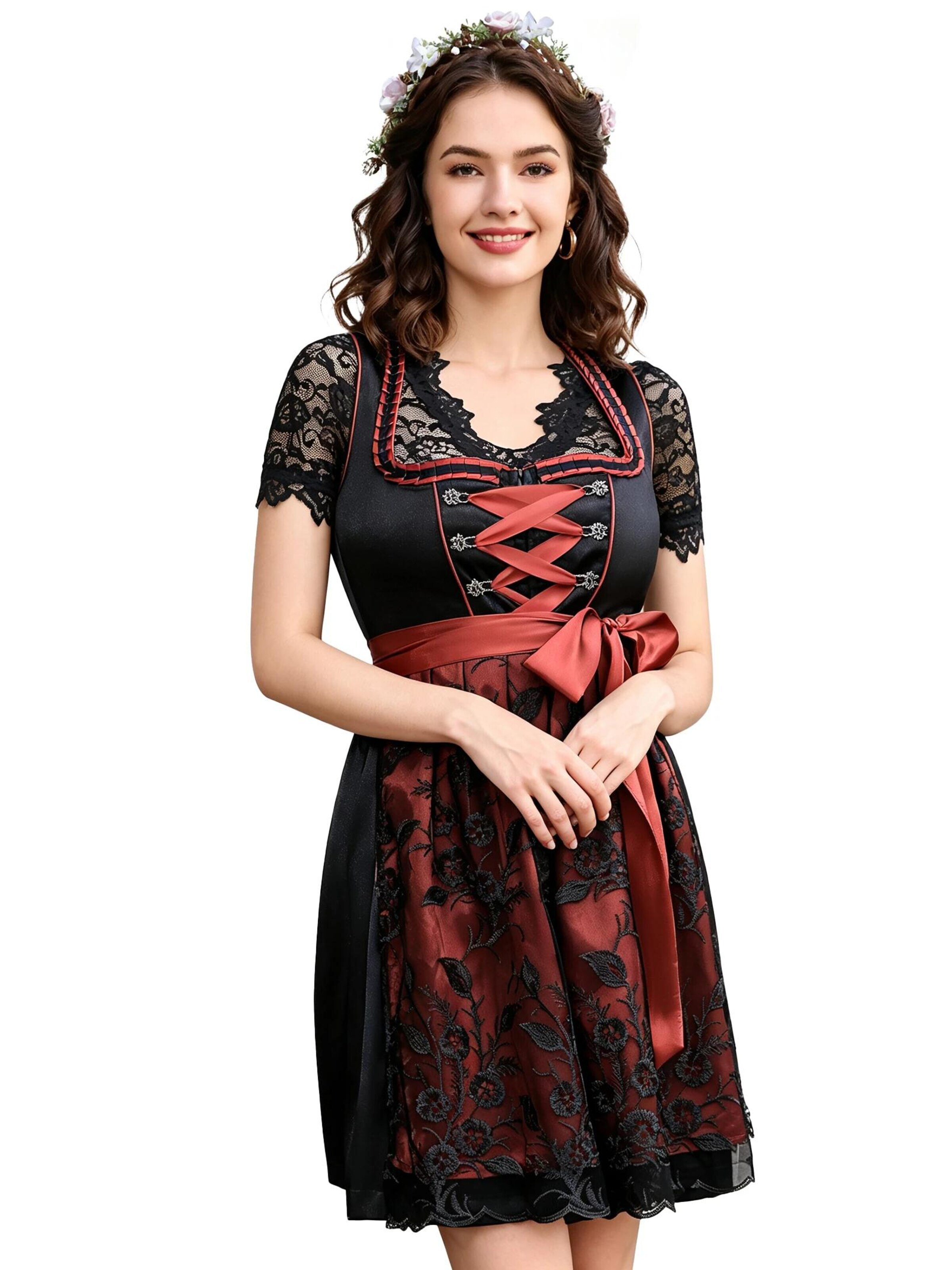 KoJooin Dirndl 'Damen Dirndl 3-Teiler Satinrock Glanzeffekt,Spitzenbluse Spitzenschürze für Oktoberfest,Karneval' w kolorze czarny