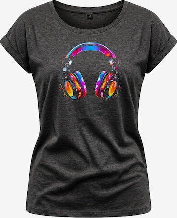 MAKAYA Shirt 'Kopfhörer Bunt' in Grey: front