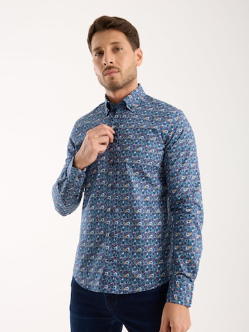 7Camicie Slim fit Zakelijk overhemd 'Donatello Poplin Stretch Man Shirt Blue Yellow' in Blauw: voorkant