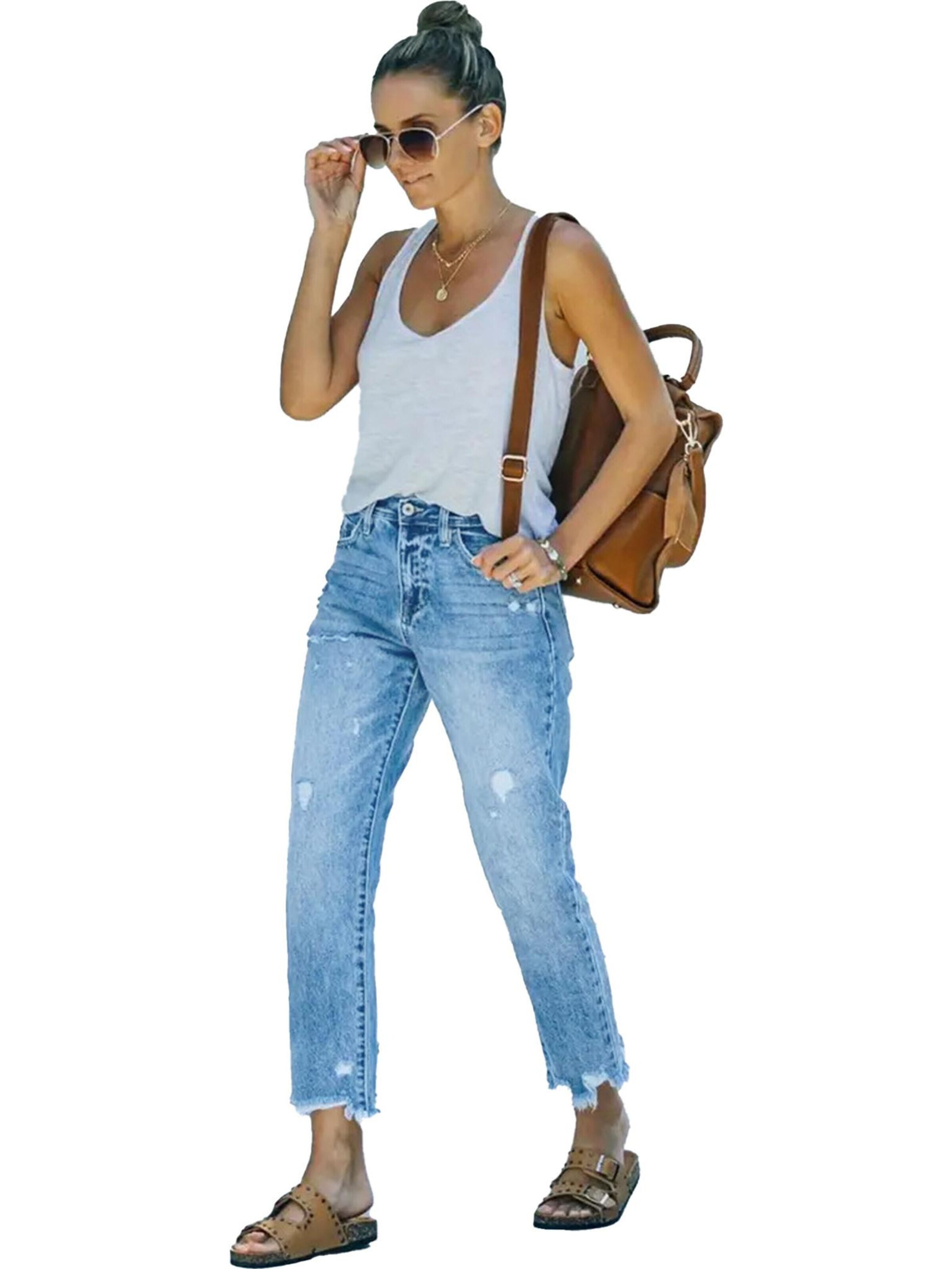 KoJooin Regular Jeans 'Damen 7/8 Straight Leg Jeans mit Used-Effekten und lässigen Destroyed-Details'‌‌‌‌‌‌ in Blau