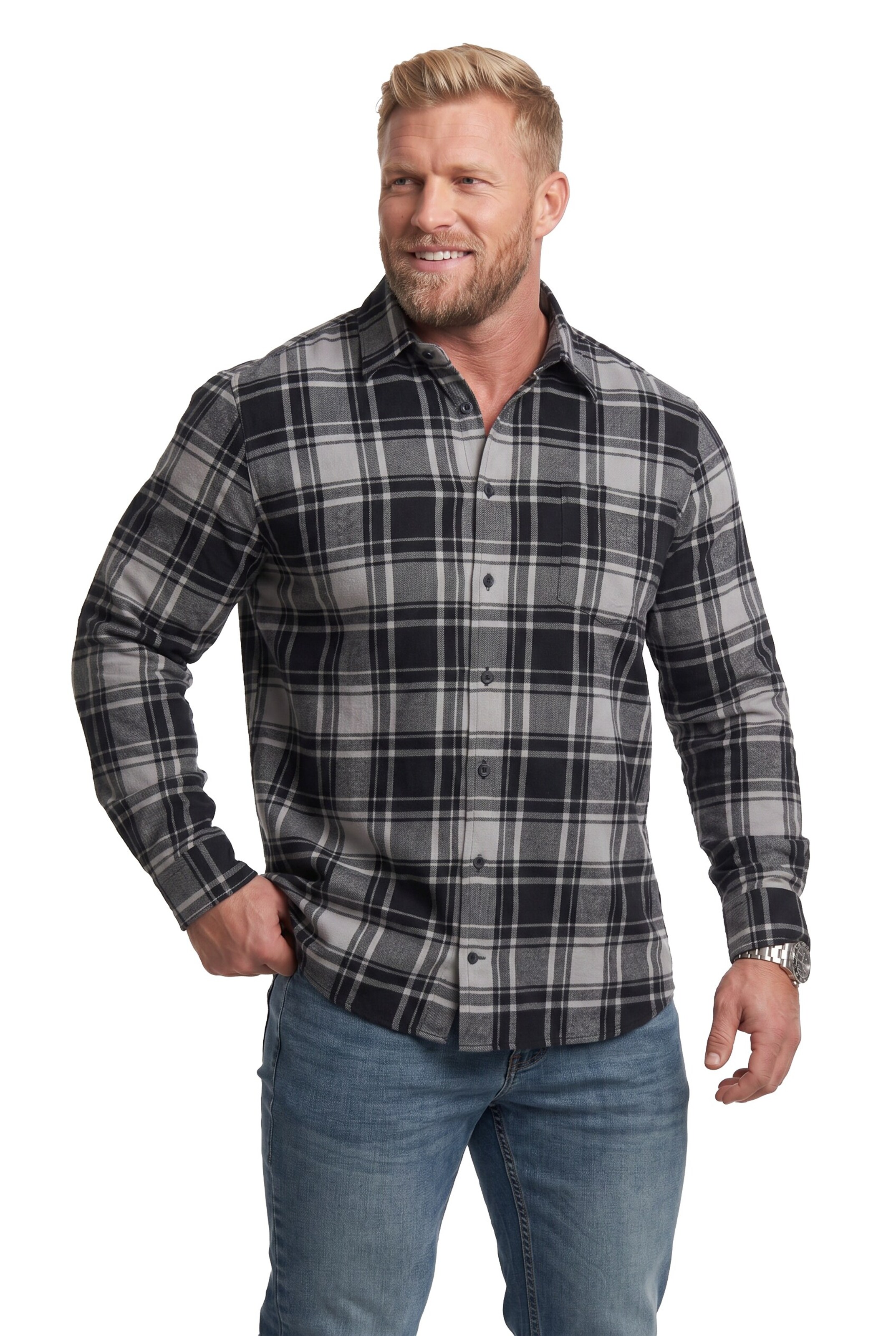 Men Plus Comfort fit Button Up Shirt in Black: front