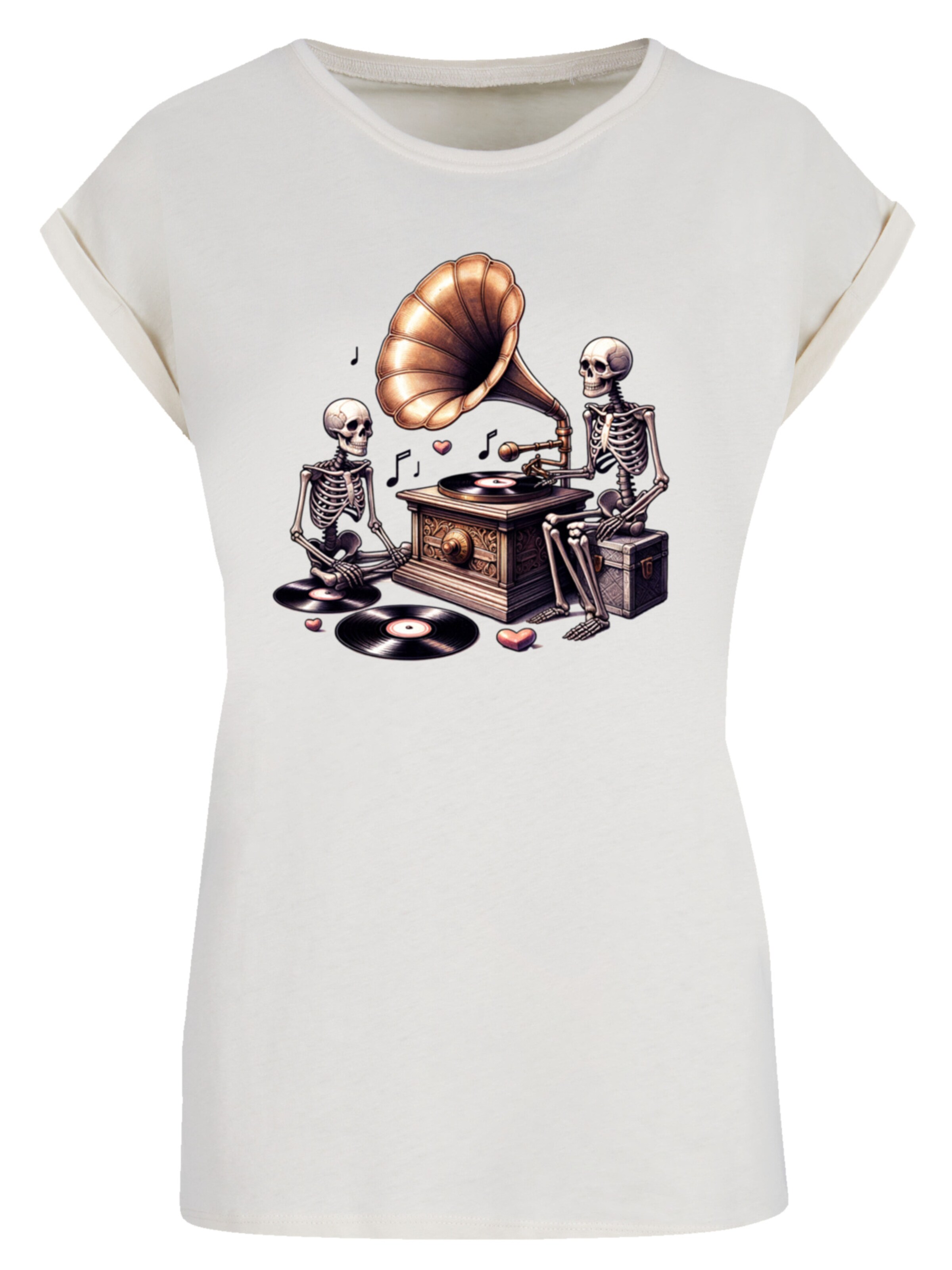 F4NT4STIC T-Shirt 'Gothic Skeleton Vintage Vinyl Plattenspieler' in Beige: Vorderseite