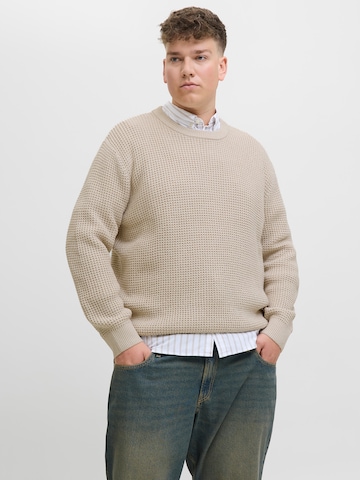 Jack & Jones Plus Свитер 'JJGLOBAL' в Бежевый: спереди