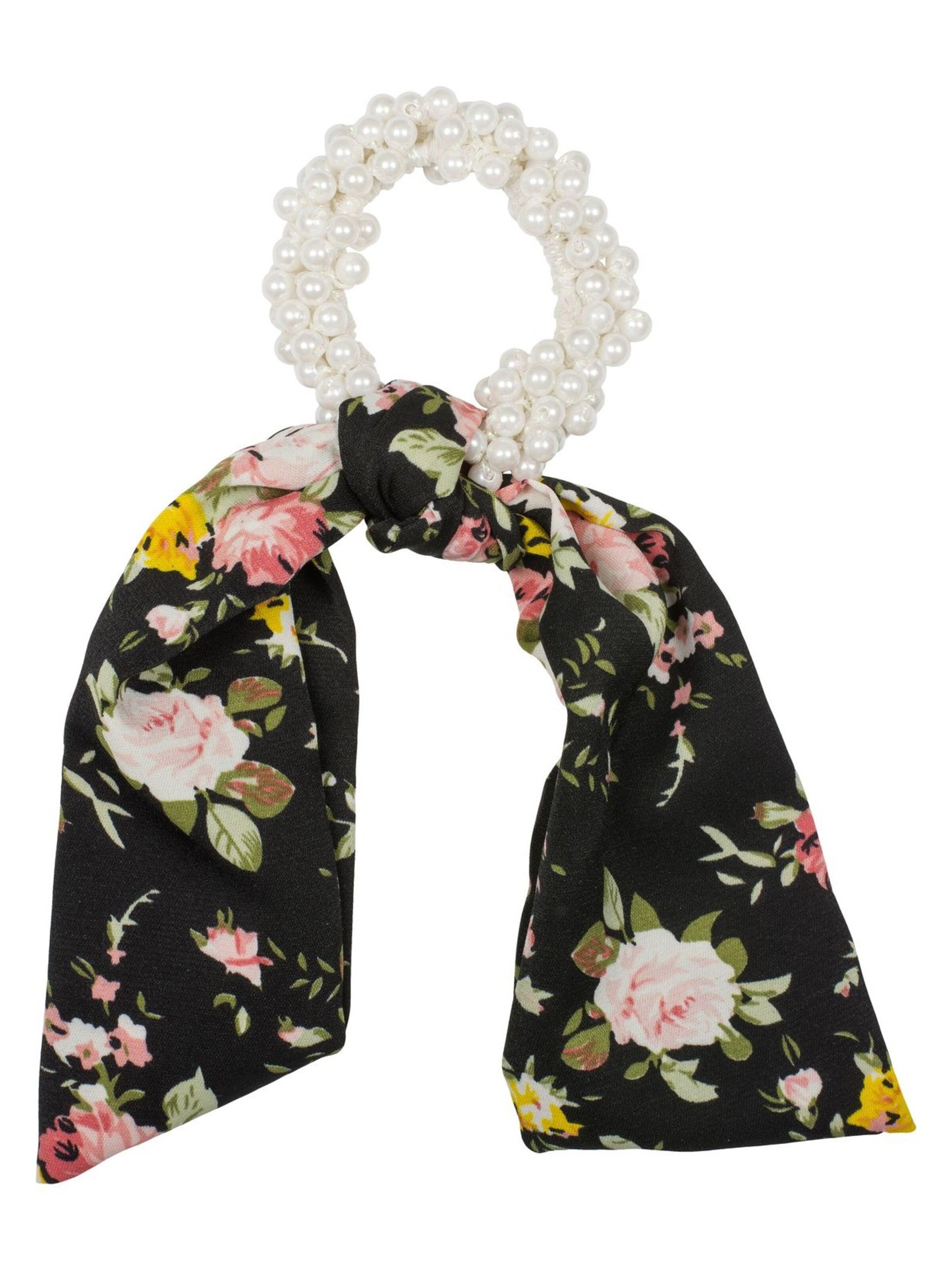 styleBREAKER Haarschmuck 'Perlen Haargummi mit Satin Schleife'‌‌‌‌‌‌‌ in Schwarz: Vorderseite