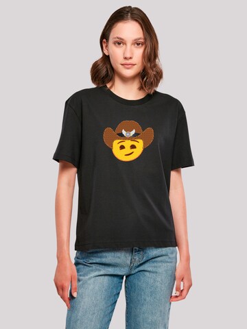 emoji couture Shirt 'Smiling sequin yellow face with cowboy hat' in Schwarz: Vorderseite