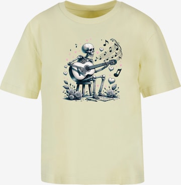 F4NT4STIC Shirt 'Skelett Spielt Gitarre, Musik, Liebe' in Geel: voorkant