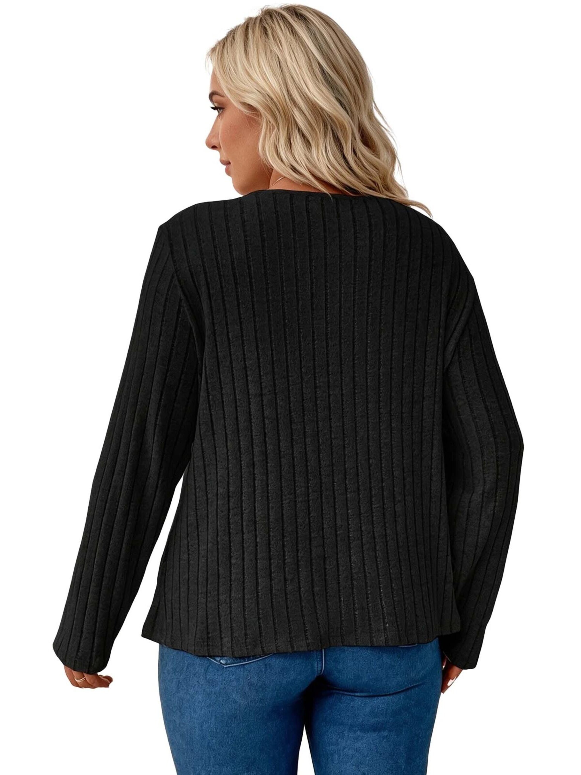 KoJooin Koszulka 'Damen-Plus-Size-Langarmshirt mit V-Ausschnitt und feiner Rippstruktur' w kolorze czarny
