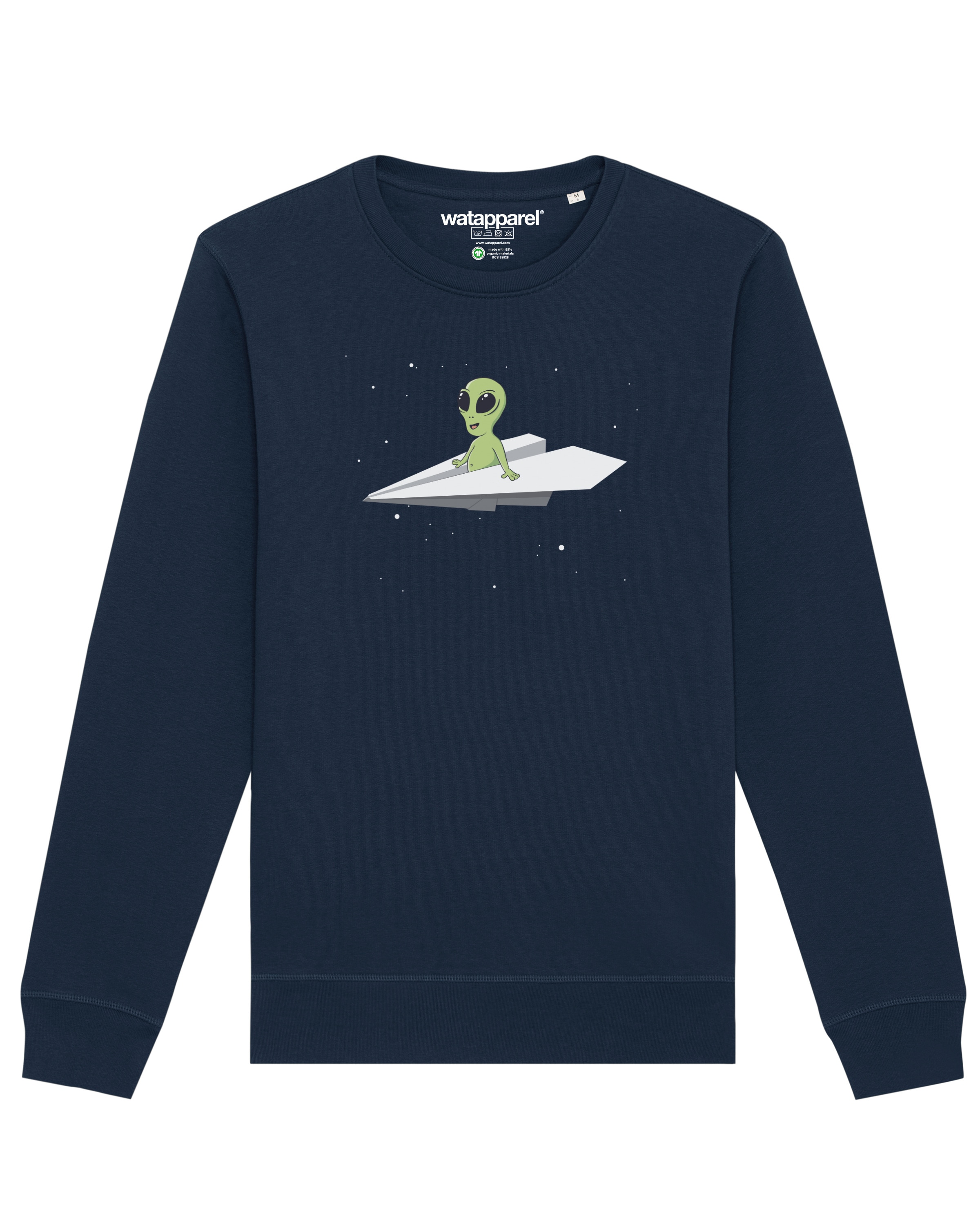 Watapparel Sweatshirt ' Alien on a paper plane ' in Blauw: voorkant