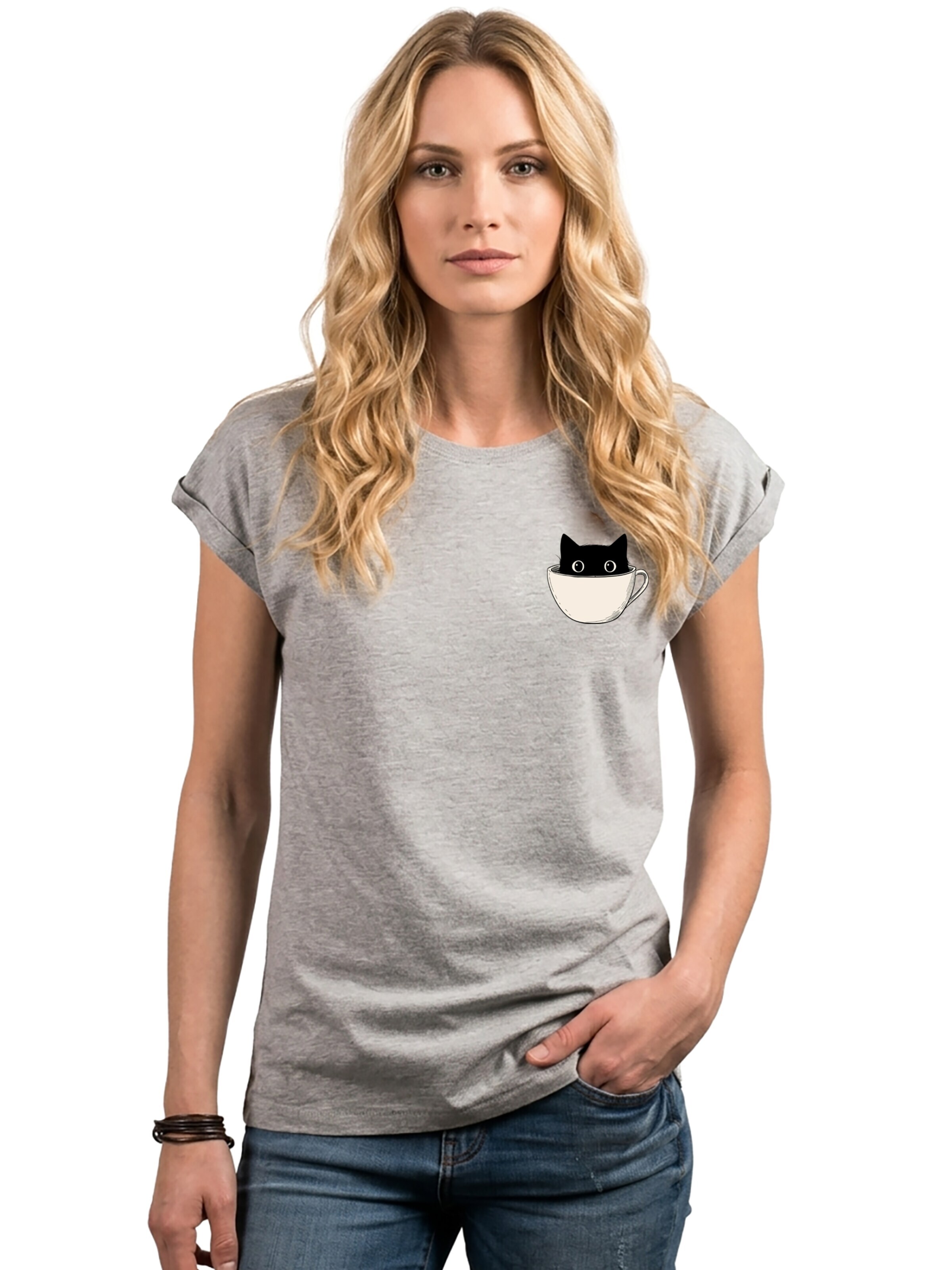MAKAYA Shirt 'Cup Cat' in Grey: front