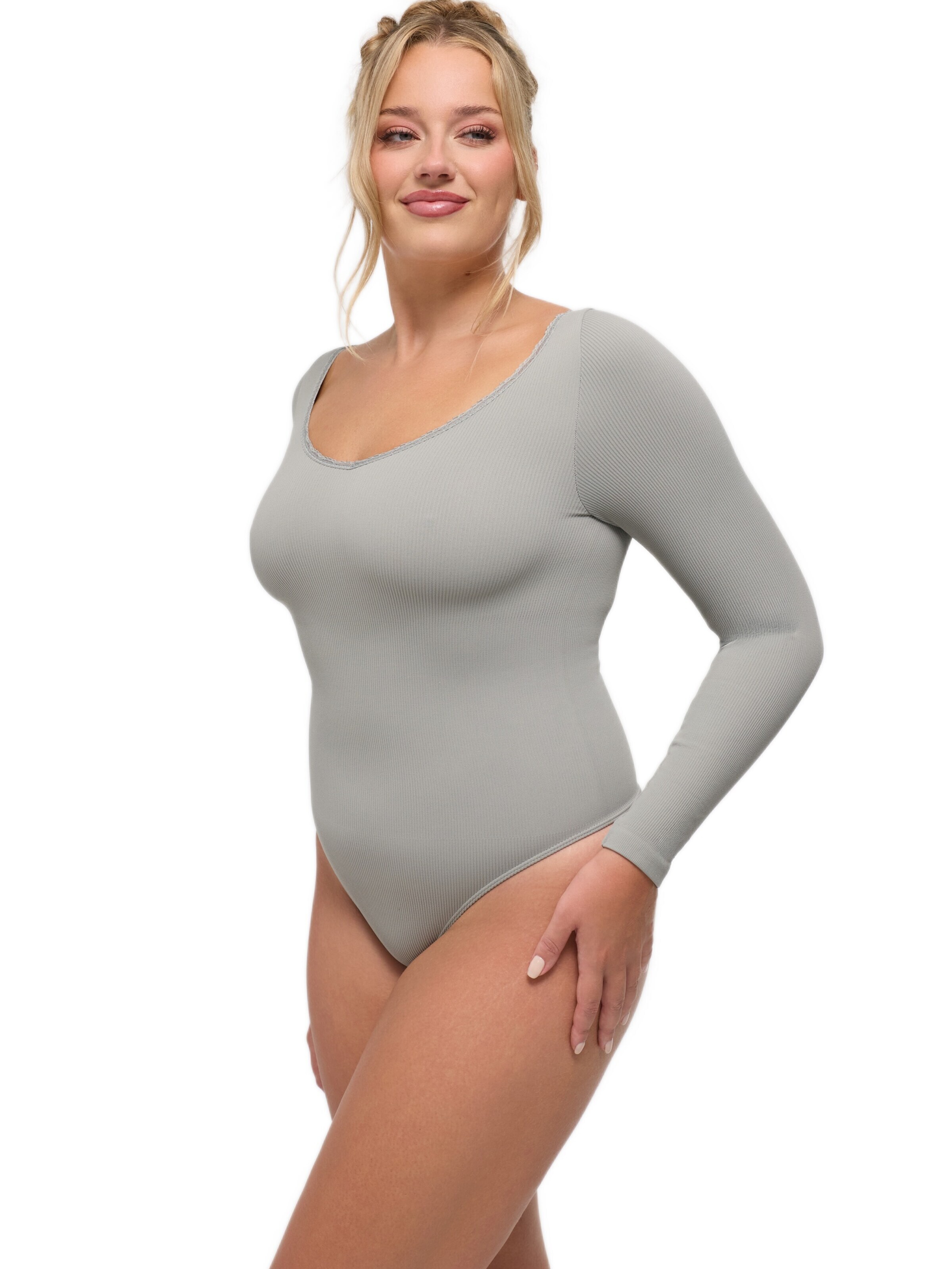 cfab Body 'Ribbed Longsleeve V-Neck Sculpting Lace Bodysuit with String' in Grijs