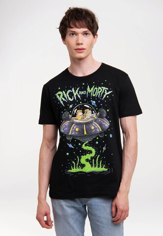 LOGOSHIRT Shirt 'Rick & Morty - Raumschiff' in Zwart: voorkant