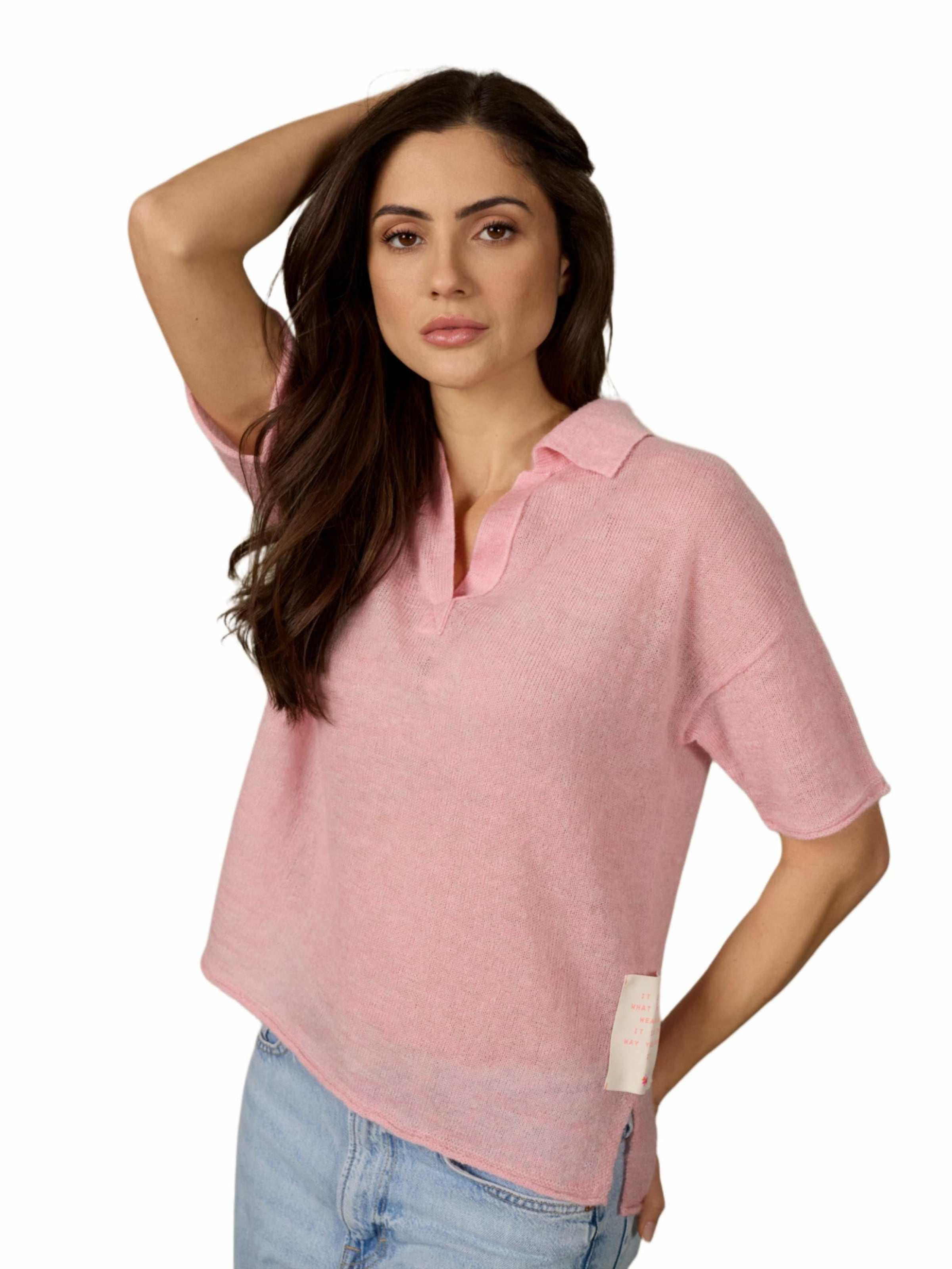 Pullover 'Knit Polo shirt Positive Hearts' di LIKS. Munich in rosa