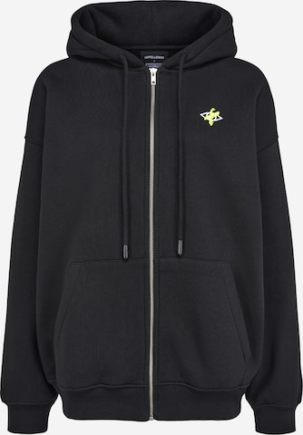 UNFOLLOWED x ABOUT YOU Zip-Up Hoodie 'GUEST LIST' in Black: front