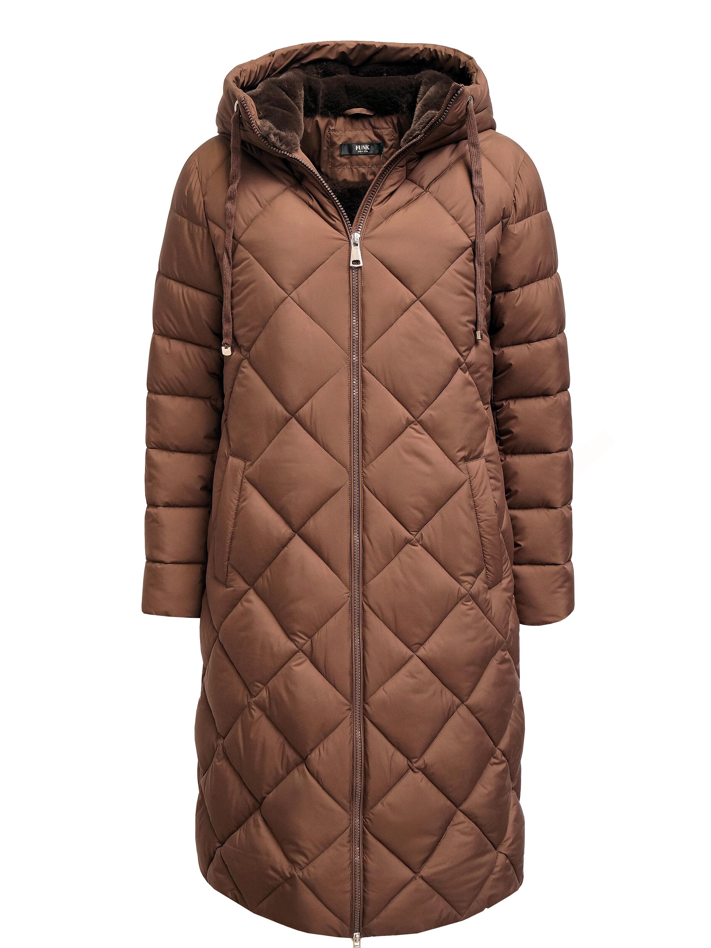 Funk since 1776 Winter Coat 'Steppmantel mit Kapuze' in Brown: front