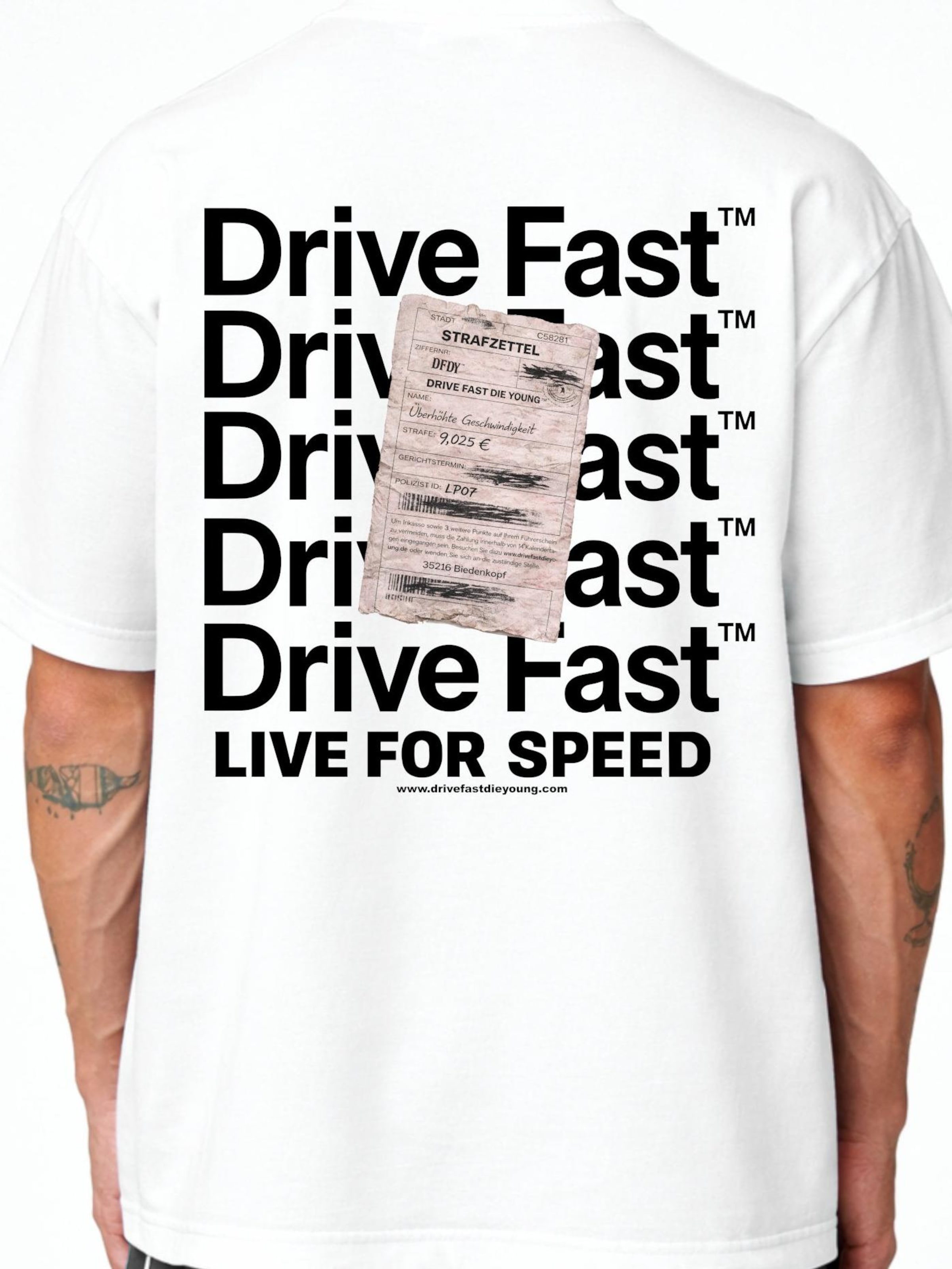 DriveFastDieYoung Shirt 'Strafzettel' in White