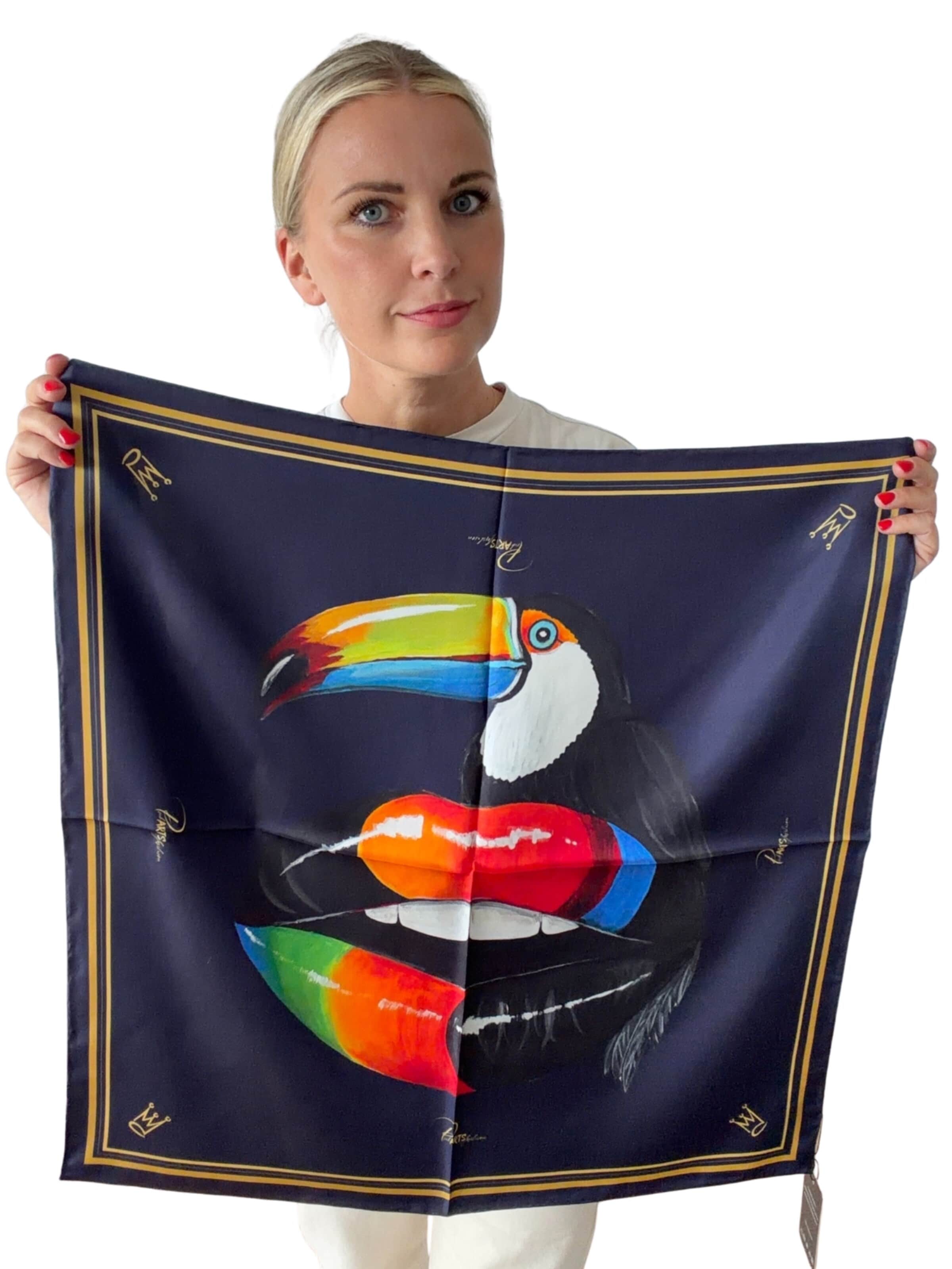 PickARTSfashion Scarf 'The Toucan Silk Scarf' in Blue: front