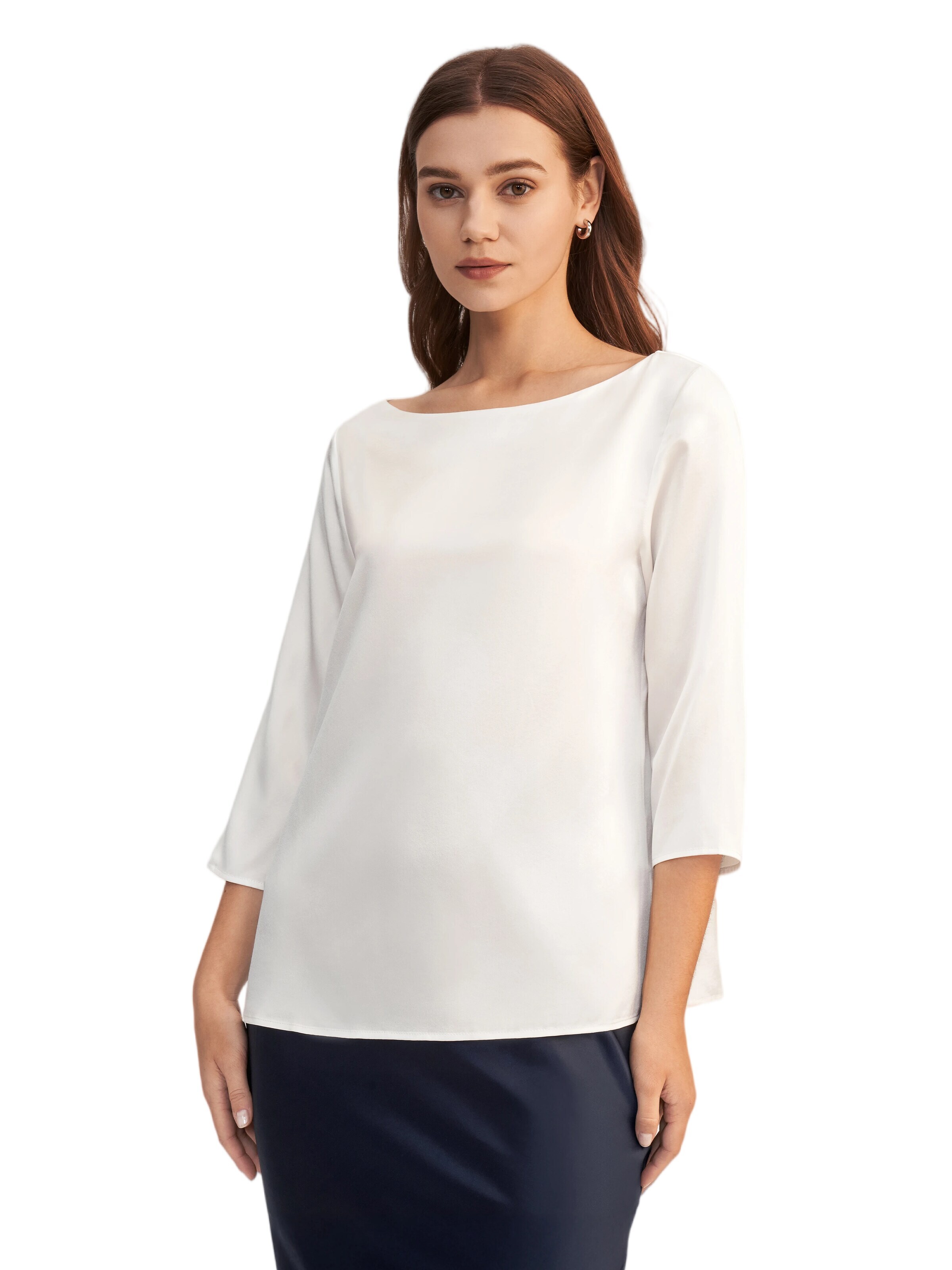 Lilysilk Blouse '3/4 Ärmel Seidenbluse mit Boot-Hals' in Wit