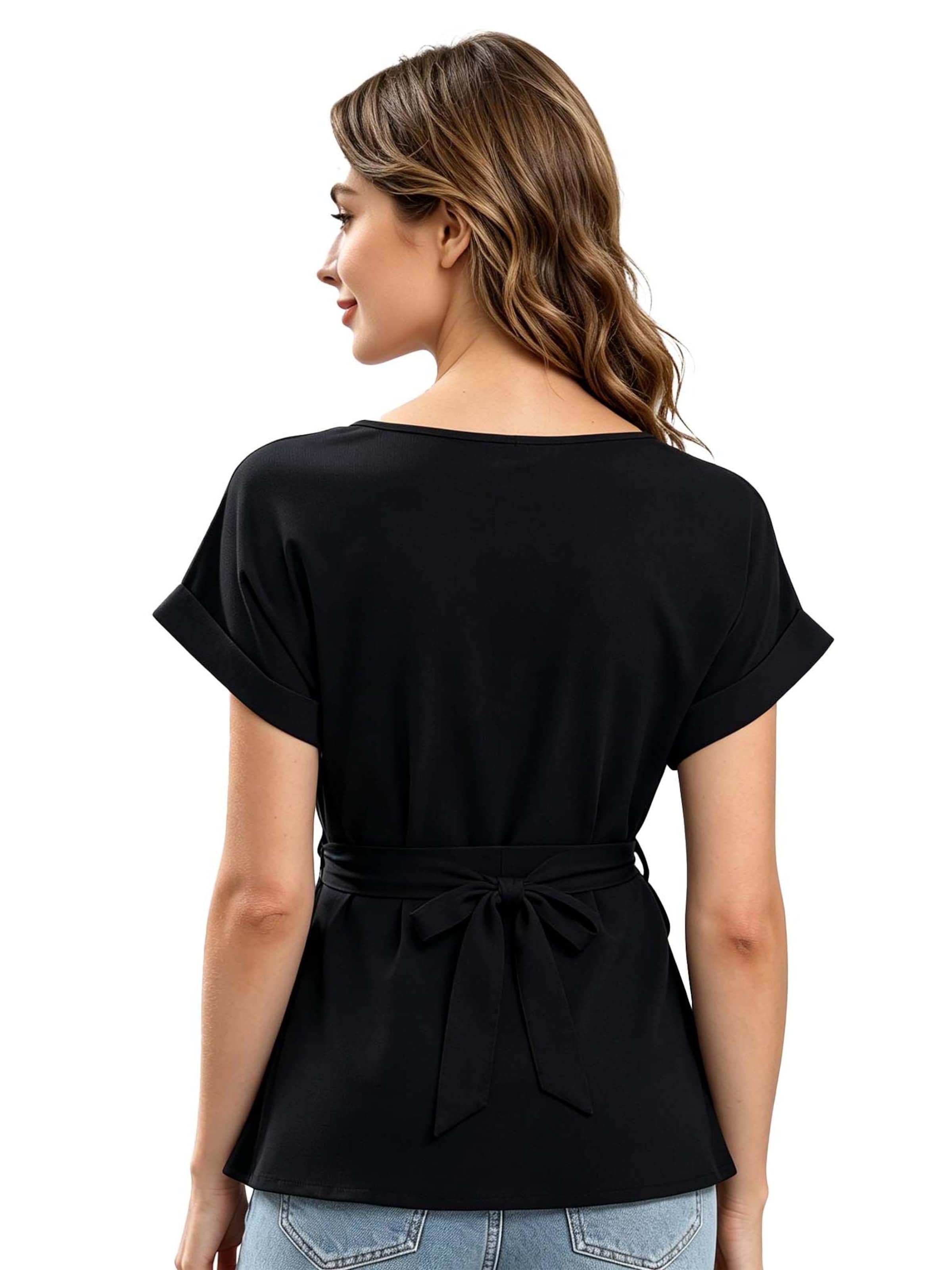 KoJooin Blouse 'Damen-T-Shirts, Kurzarm, Sommertops, plissiert,mit Bindeband vorne, lässige Blusen, Kleidung' in Black