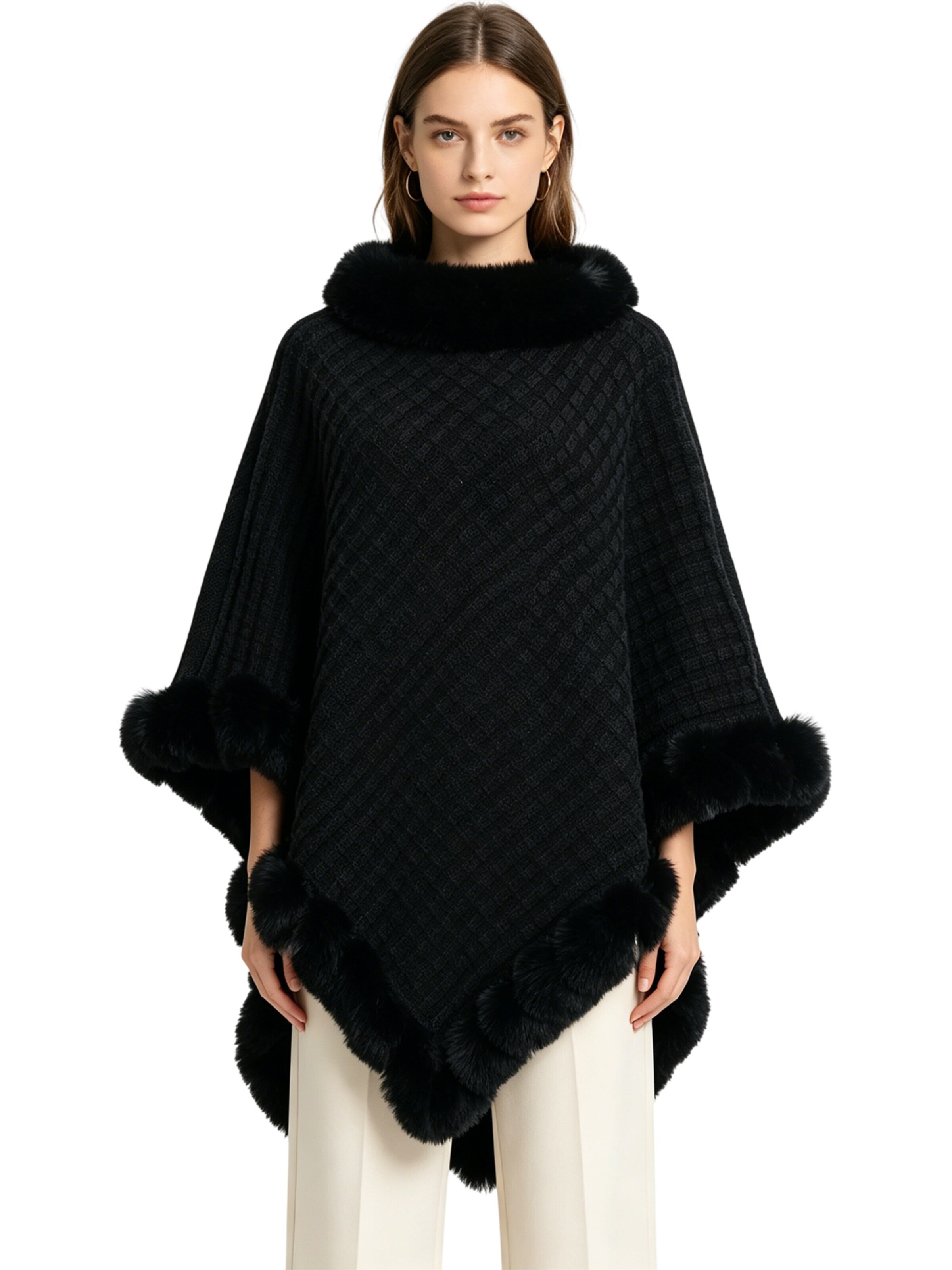 Magicshe Cape 'Winter Poncho Strick mit Kunstfell' in Black: front