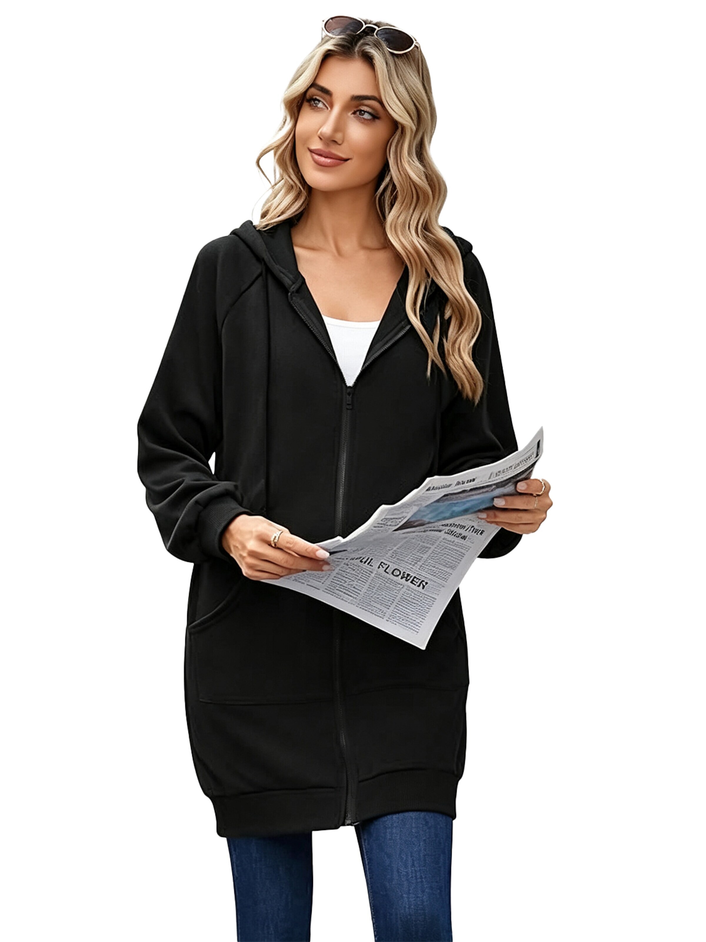 KoJooin Płaszcz zimowy 'Damen langer Kapuzenpullover mit Reißverschluss Oversize,casual, kuschelig gefüttert und gemütlich' w kolorze czarny