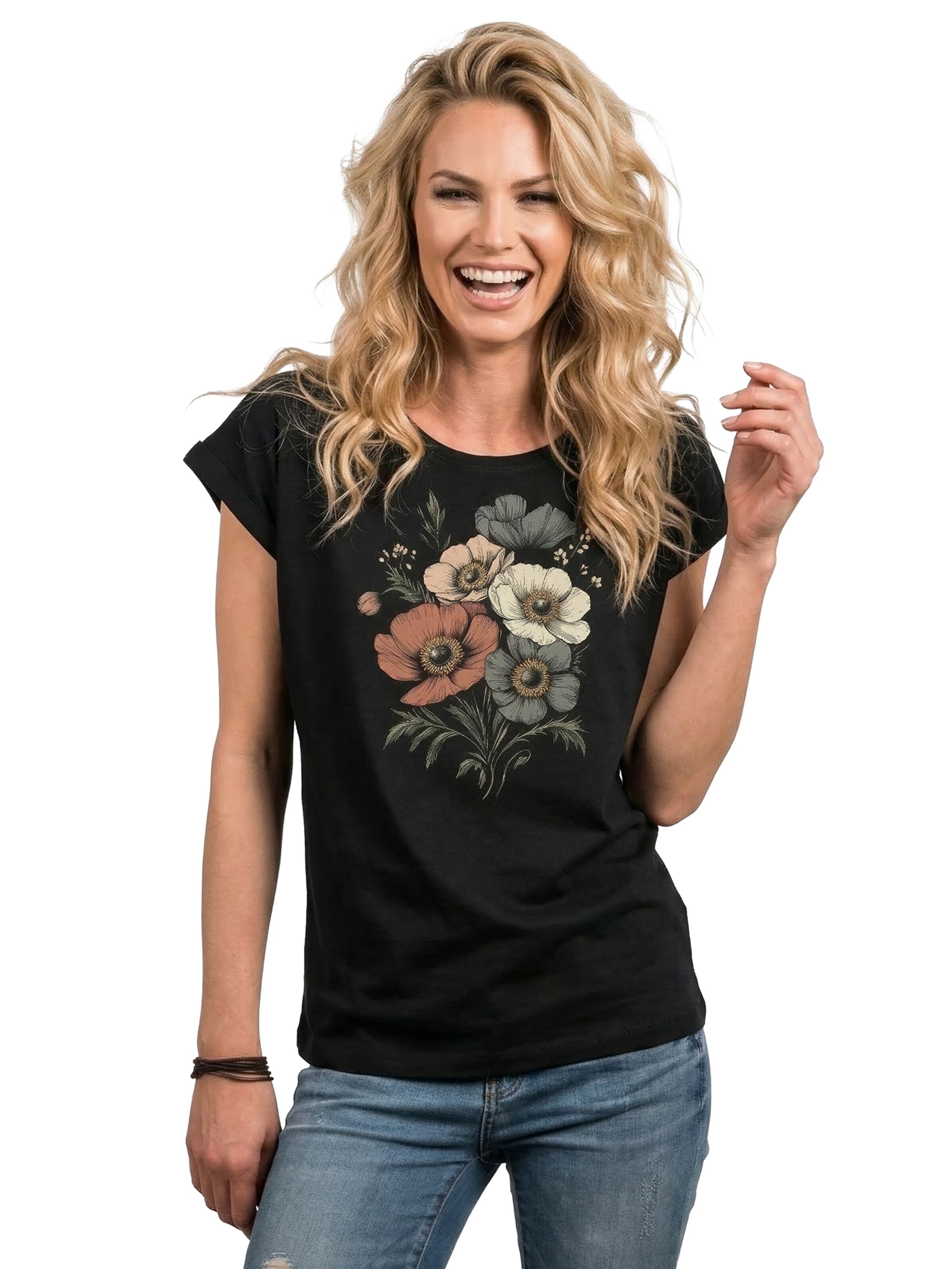 MAKAYA Shirt 'Boho Poppies' in Black