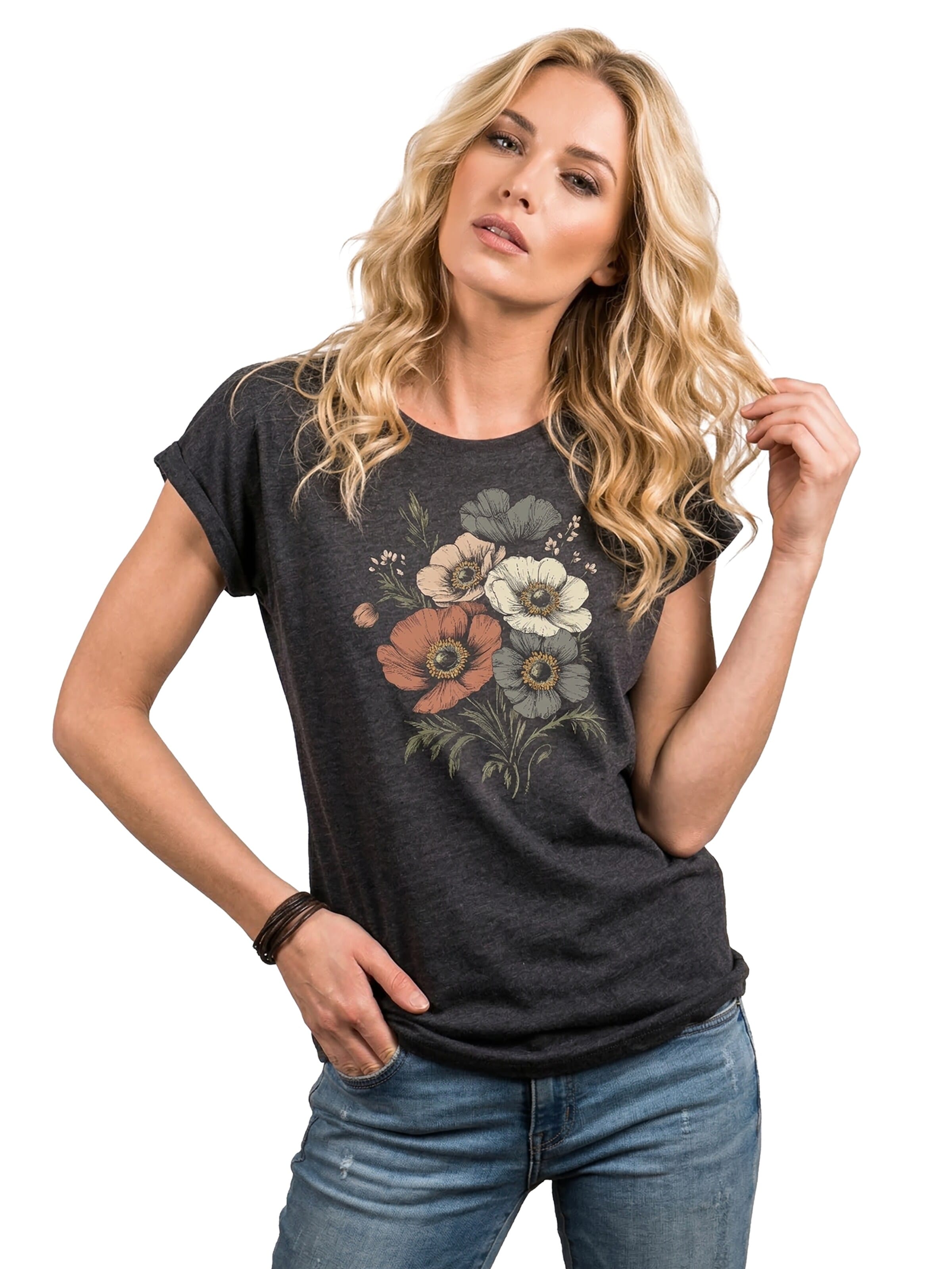 MAKAYA Shirt 'Boho Poppies' in Grey: front