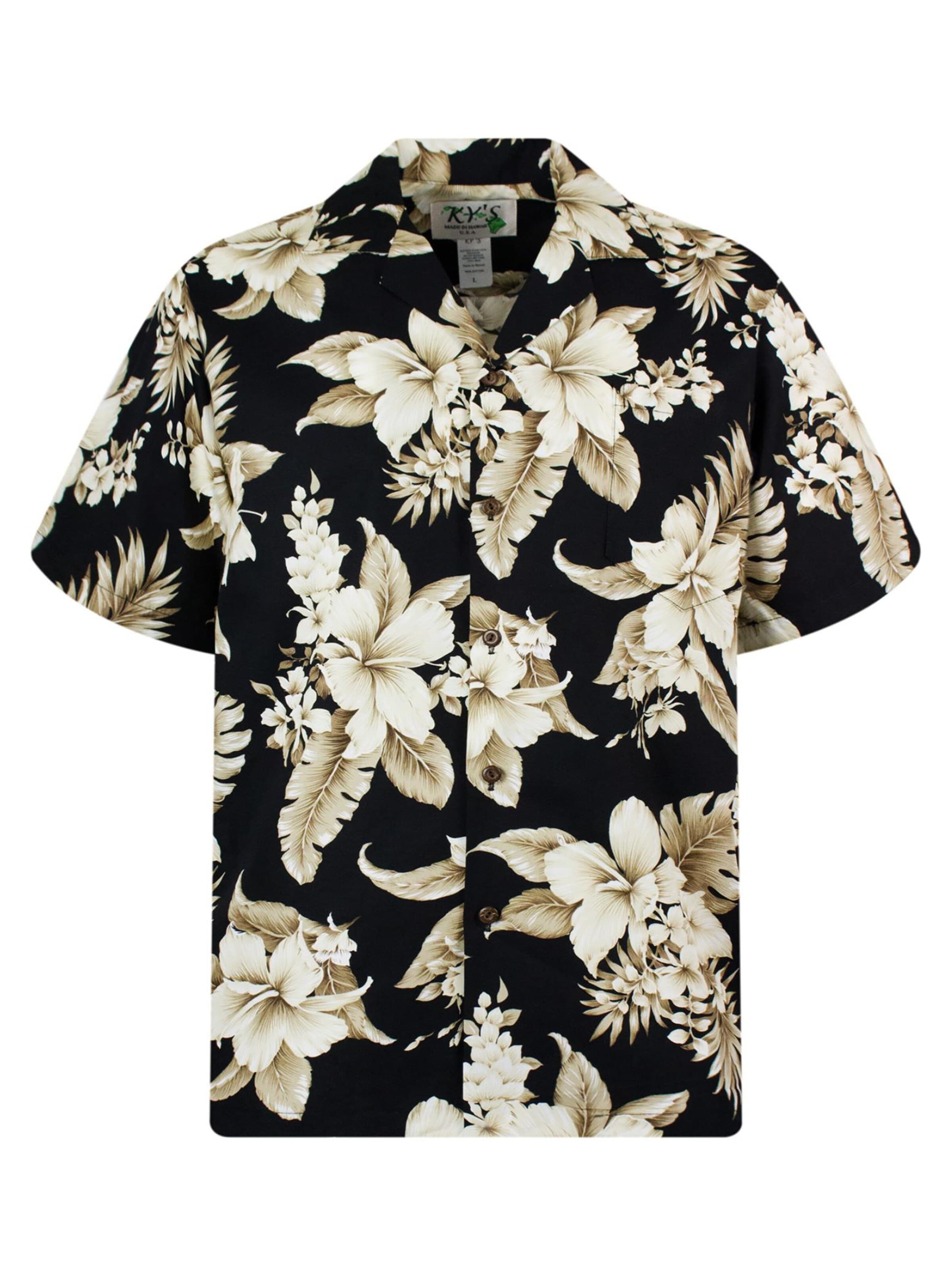 KY's Regular fit Overhemd 'Goldbraune Blume' in Zwart: voorkant
