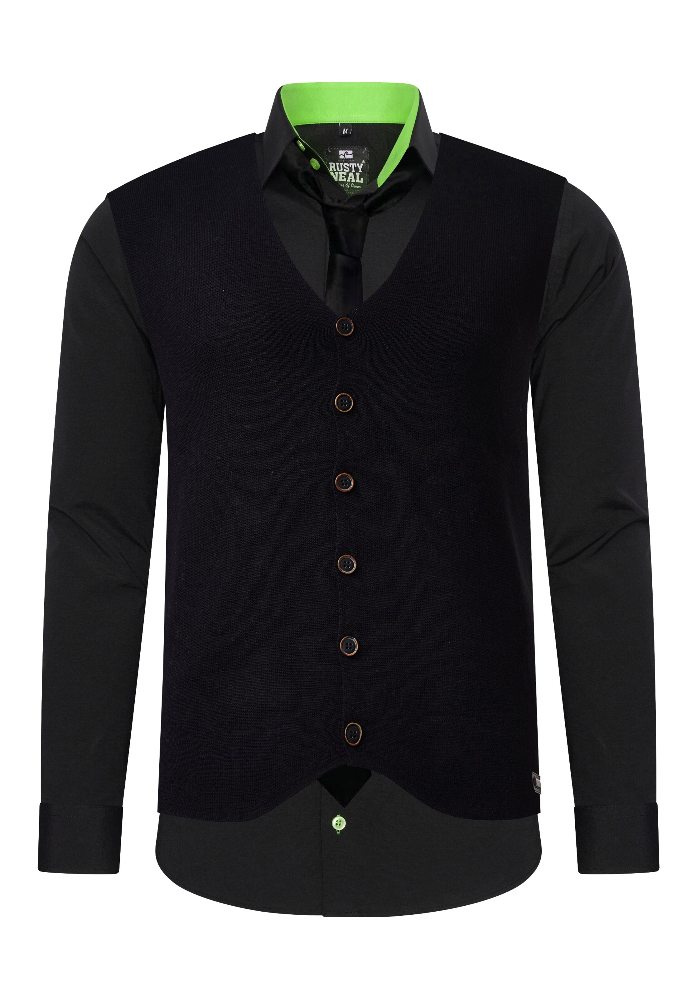 Rusty Neal Slim Fit Hemd mit Weste und Krawatte in Schwarz: Vorderseite