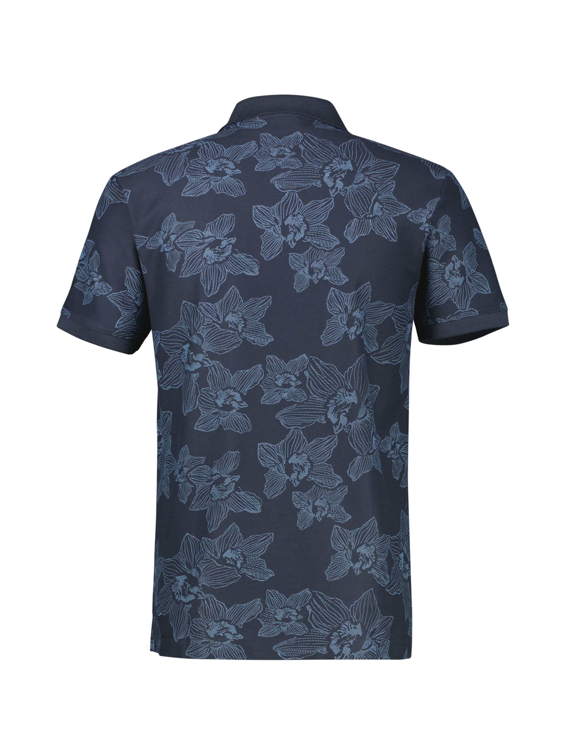 LERROS Poloshirt mit floralem Allover-Print und Flachstrickkragen in Blau