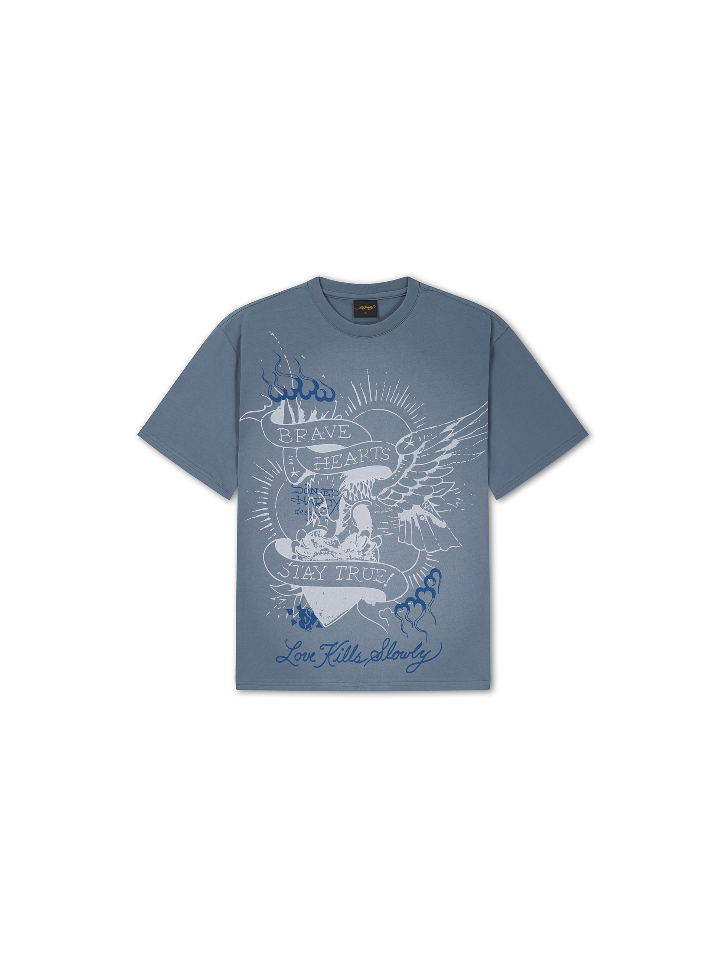 Tricou 'Brave Hearts Stay True' de la Ed Hardy pe albastru: față