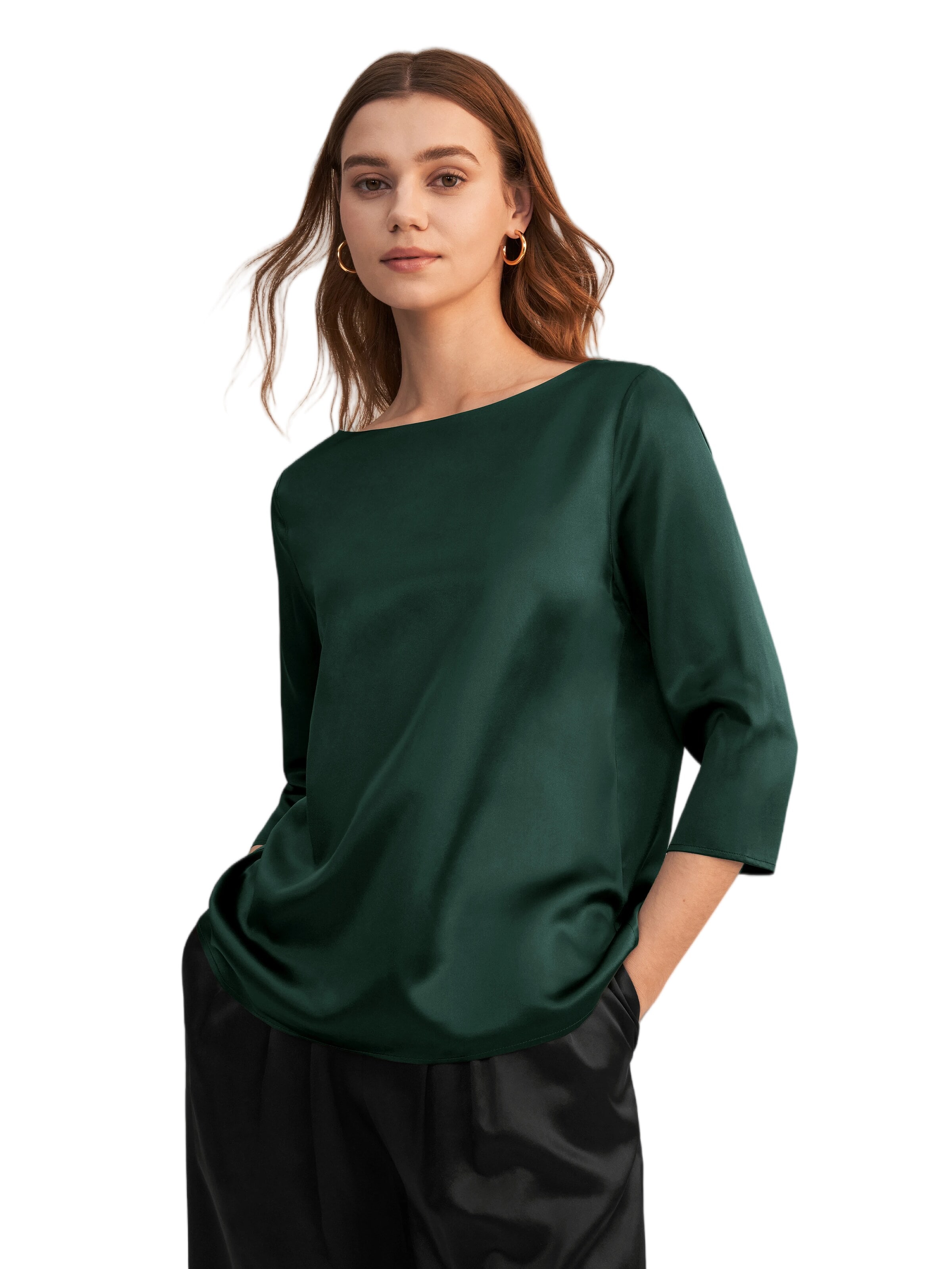 Lilysilk Blouse '3/4 Ärmel Seidenbluse mit Boot-Hals' in Groen