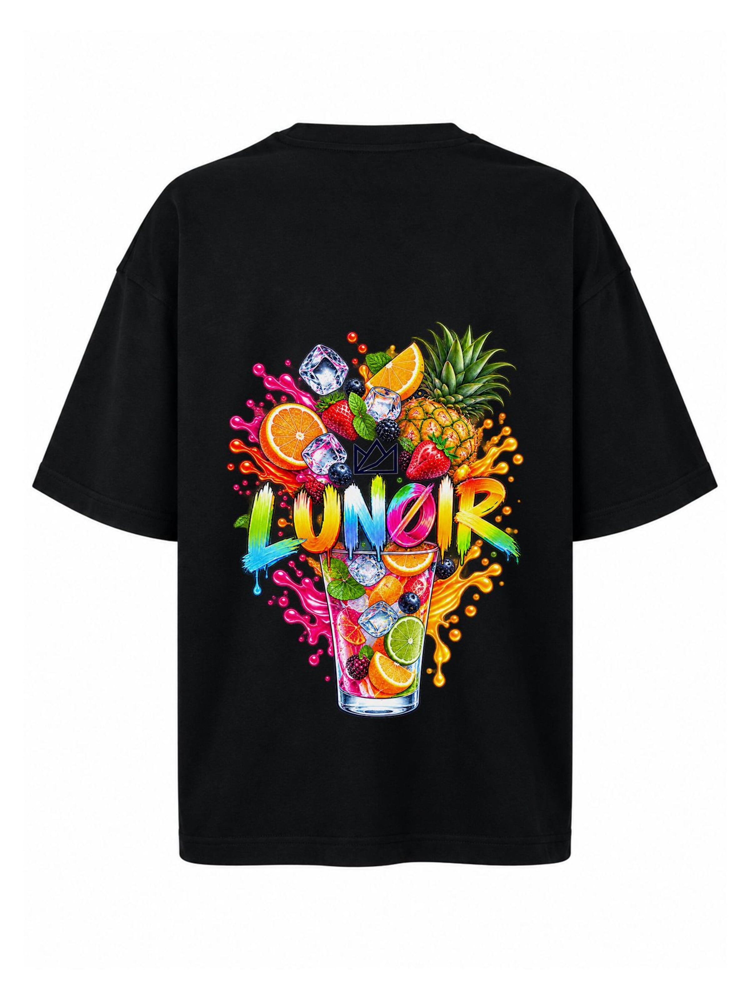 LUNØIR Studio Póló 'Tropical Riot – Fruit Splash' - fekete: elől