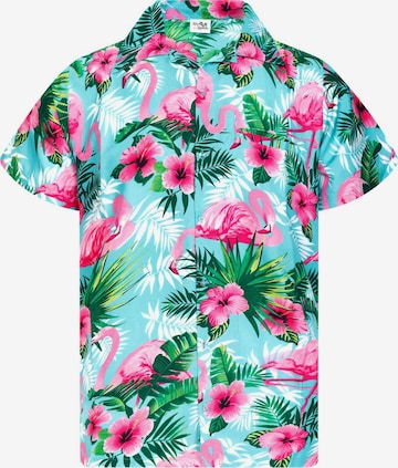 King Kameha Shirt 'Flamingo Flowers' in Blau: Vorderseite