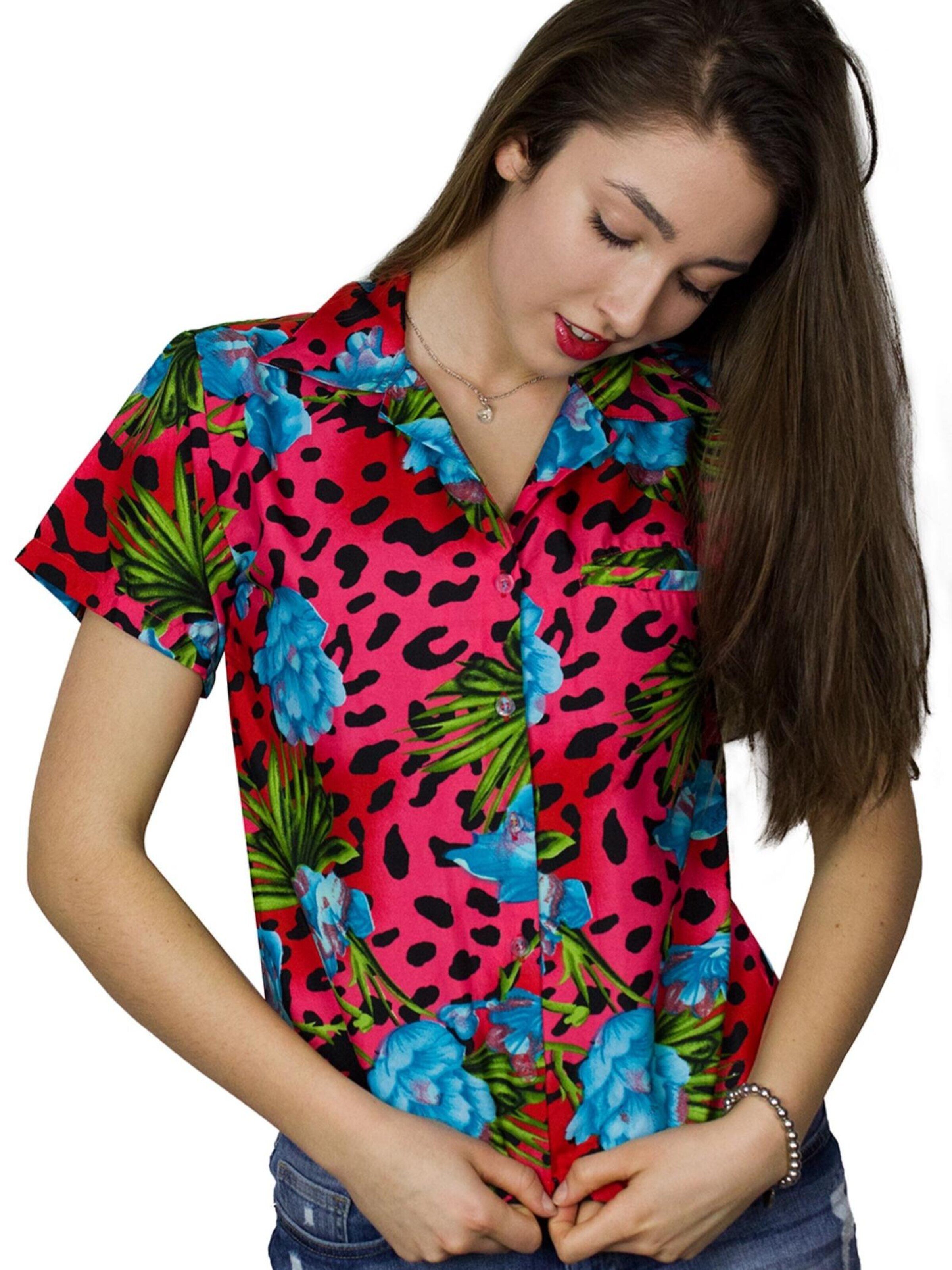 King Kameha Blouse 'Leopard Flowers' in Red
