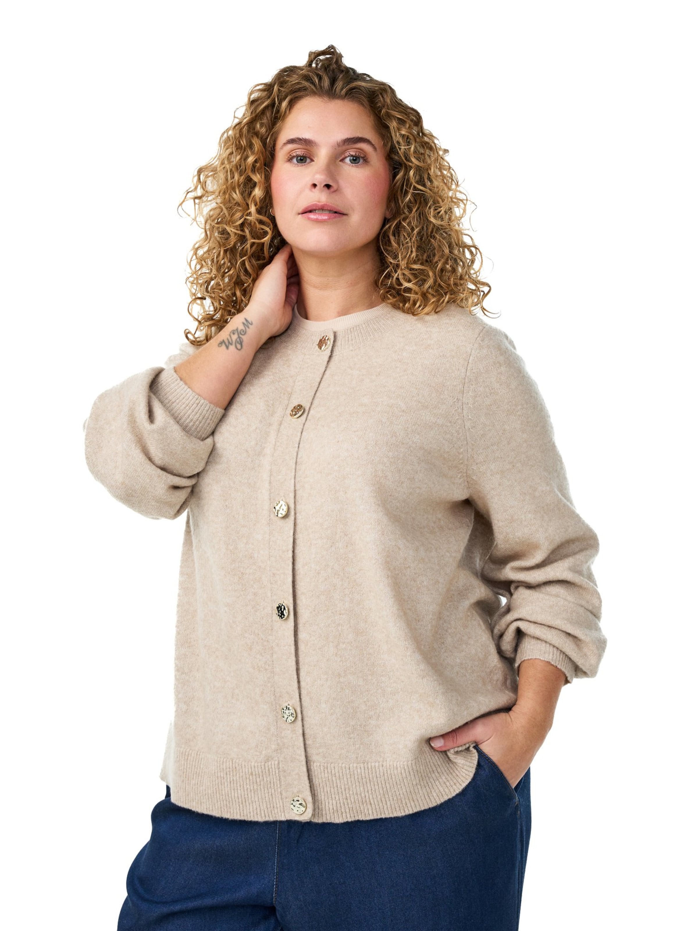 Zizzi Gebreid vest 'CAVISTA' in Beige: voorkant